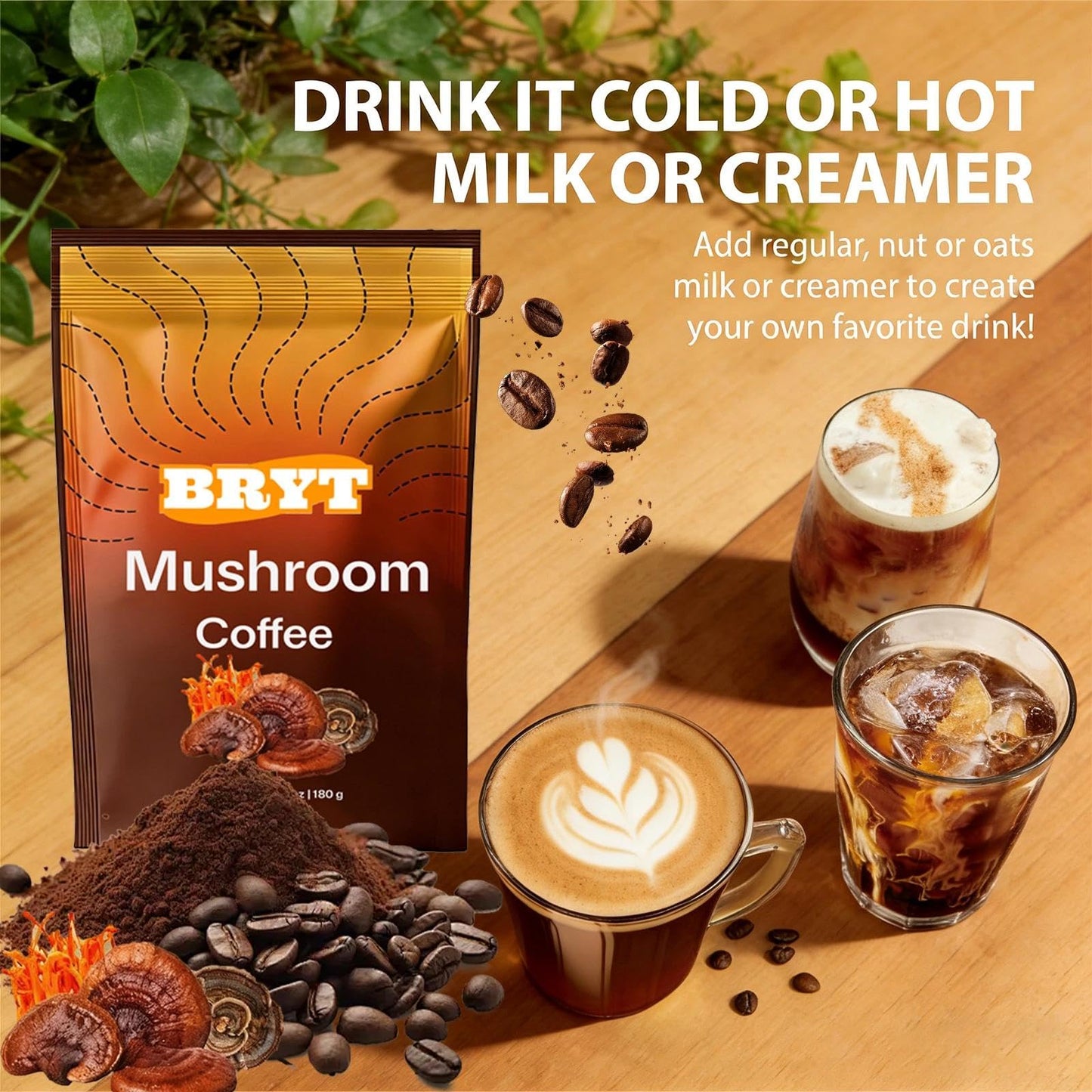 Curvani Bryt Mushroom Coffee with 6 Adaptogenic Mushrooms + Collagen – Steady Energy, Focus & Immunity Support, Powder, 6.35 oz