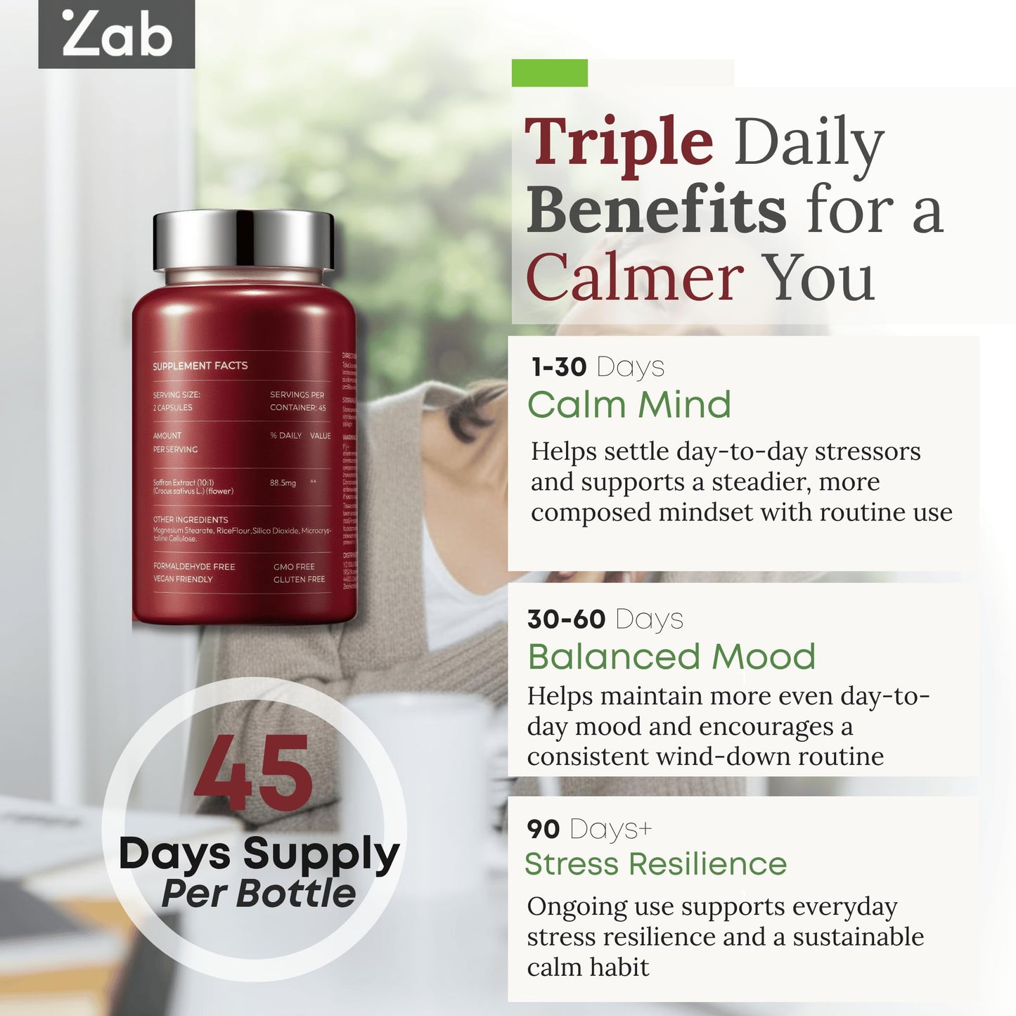 ZAB Saffron Supplements 88.5mg Pure Saffron Extract Capsules, Daily Mood, Energy & Eye Health Support, 90 Capsules