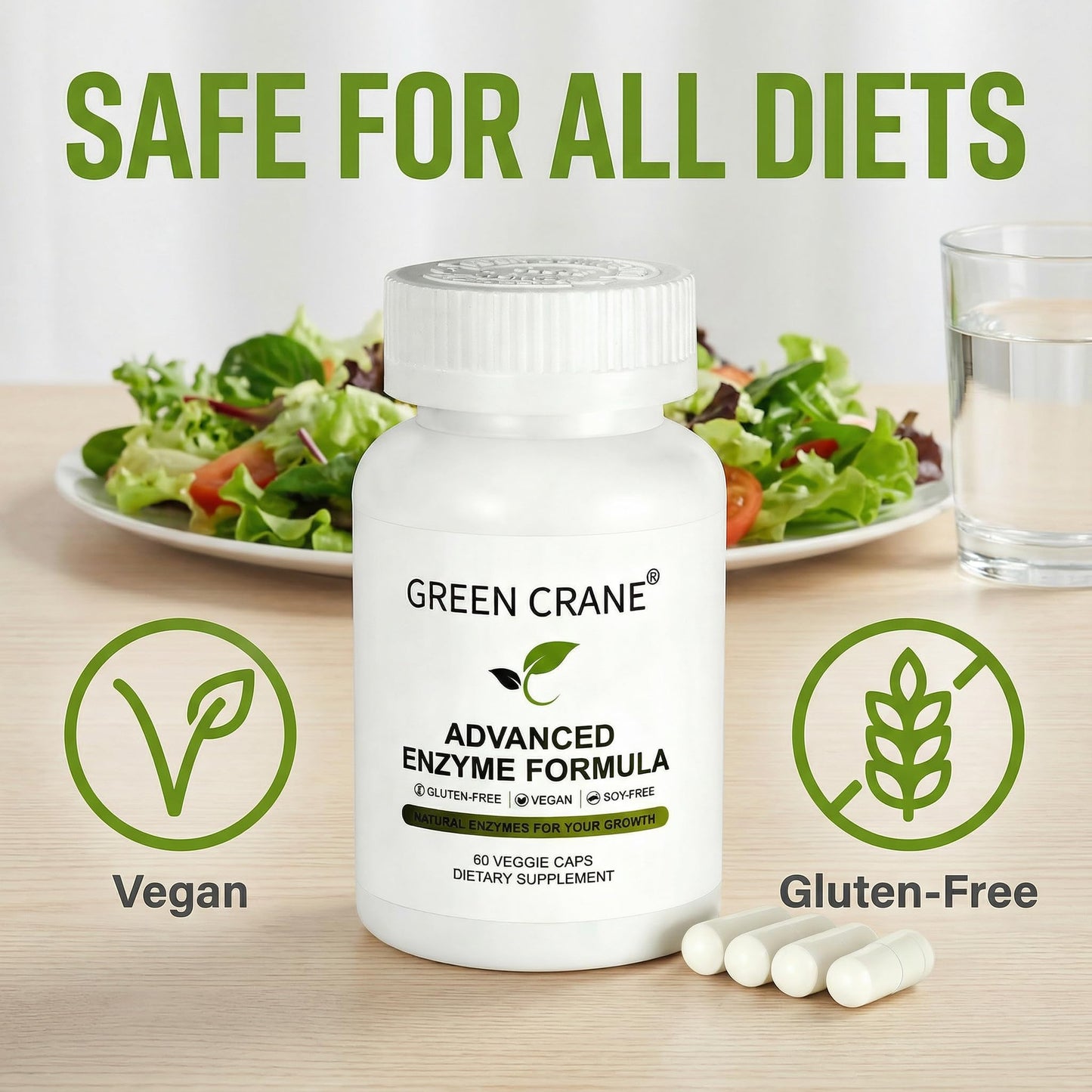 Green Crane Advanced Enzyme Formula Plant-Sourced Digestive Support Complex Gentle Gluten-Free Vegan Capsules, 60 Capsules