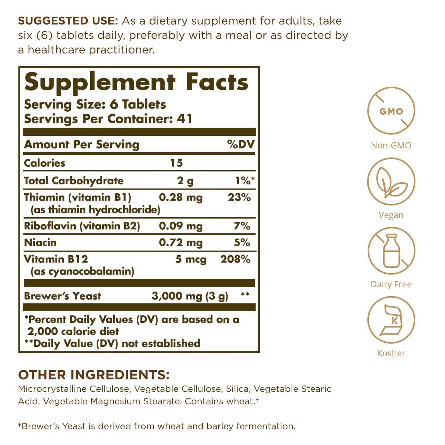 Solgar Brewer's Yeast 7 ½ Grains with Vitamin B12, 250 Tablets