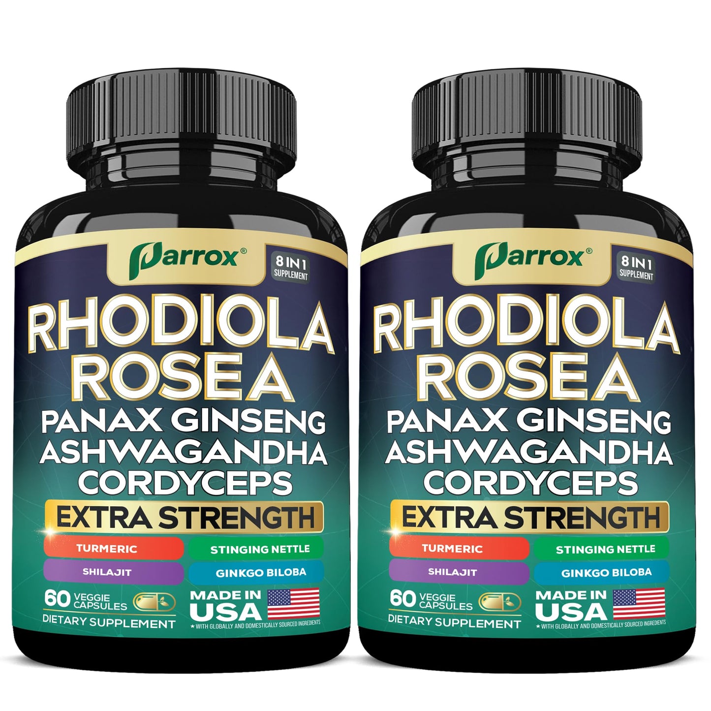 Parrox Rhodiola Rosea Panax Ginseng Ashwagandha Cordyceps Mushroom Turmeric Ginkgo Biloba Stinging Nettle Adaptogen Blend Capsules, 120 Count