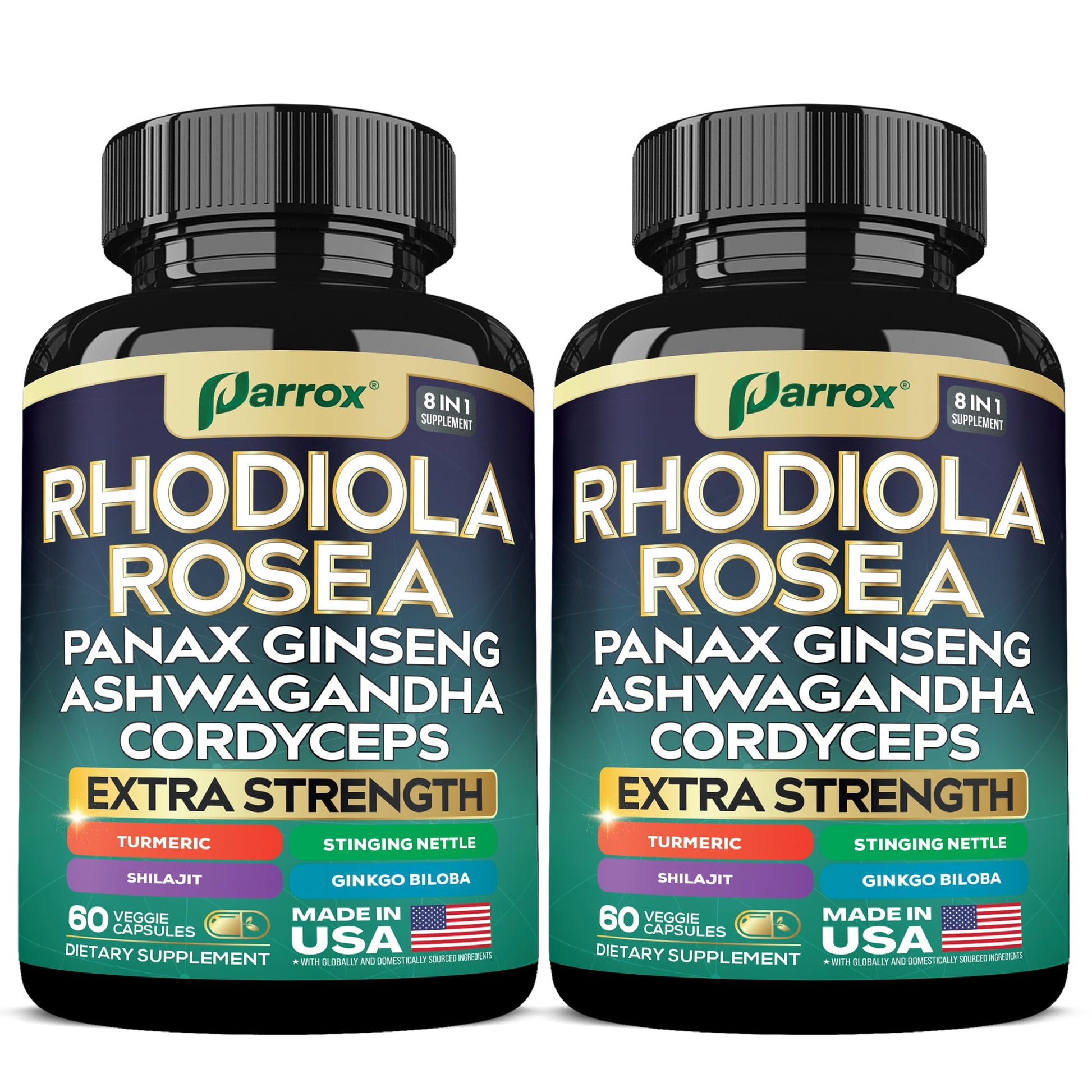 Parrox Rhodiola Rosea Panax Ginseng Ashwagandha Cordyceps Mushroom Turmeric Ginkgo Biloba Stinging Nettle Adaptogen Blend Capsules, 120 Count