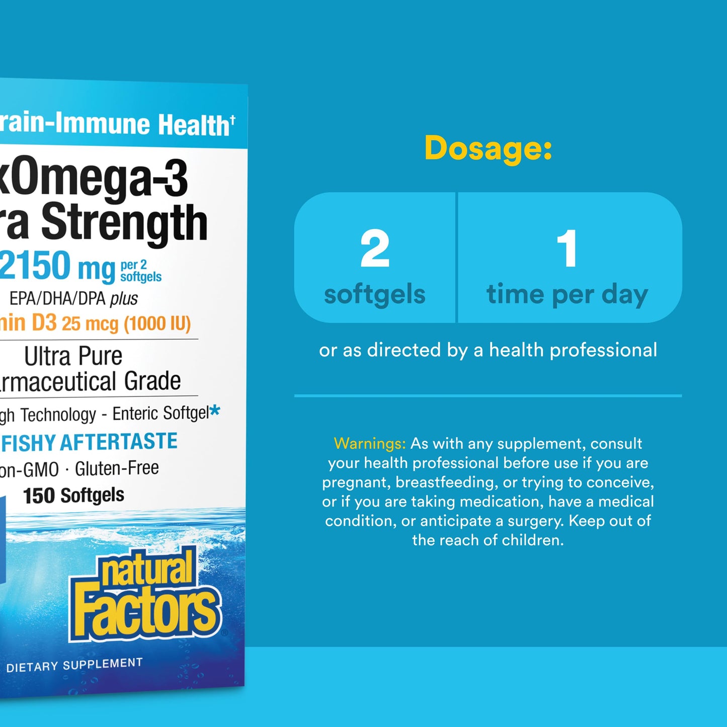Natural Factors RxOmega-3 Ultra Strength - Brain & Heart Health Support - Eye Health Supplement with EPA & DHA - Supplement with Omega-3 Fatty Acids & Vitamin D3 150 Softgels