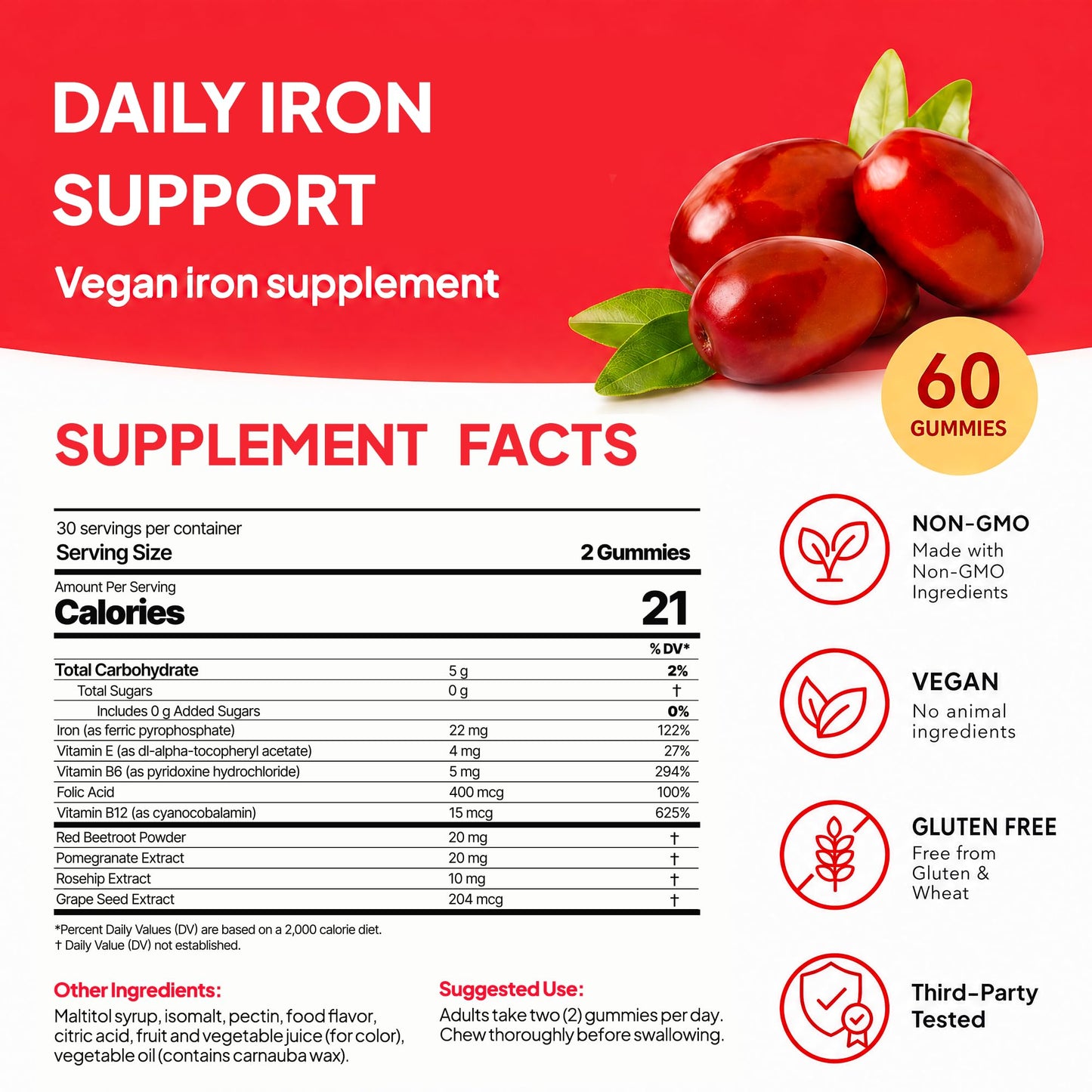 Nature's Key Iron Gummies 22mg Iron Supplement with Folic Acid, B6 & B12, Gummy, 60 Count