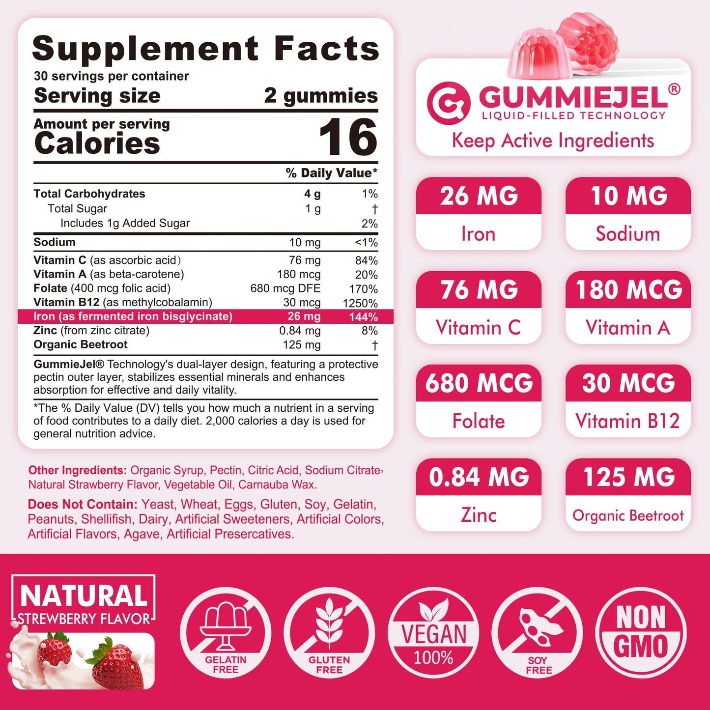 Nextdia Iron Bisglycinate Gummies 26mg with Vitamin C, Folate, B12 & Zinc, GLP-1 Friendly, High Absorption Iron Supplement for Iron Deficiency, Immune & Energy, Sugar-Free, 60 Gummies