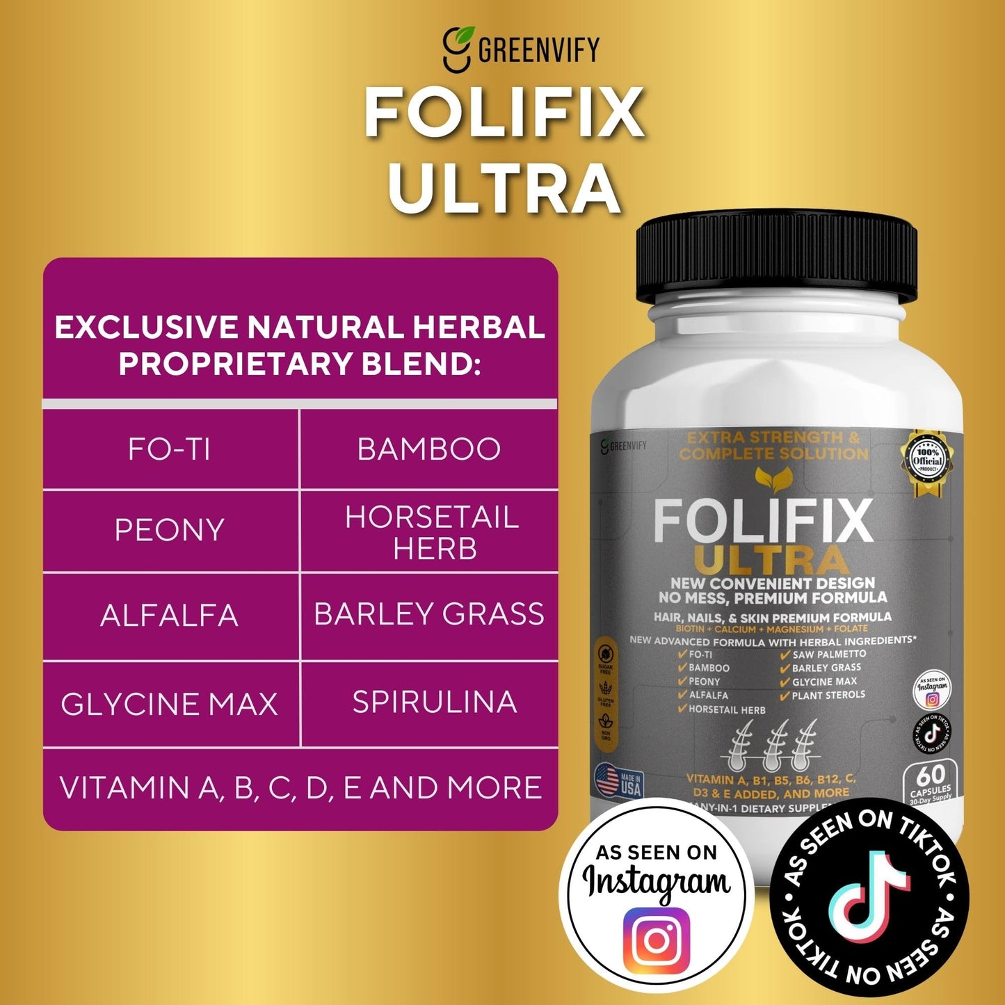 GREENVIFY FoliFix Ultra Hair, Nails & Skin Supplement Capsule, 60 Capsules