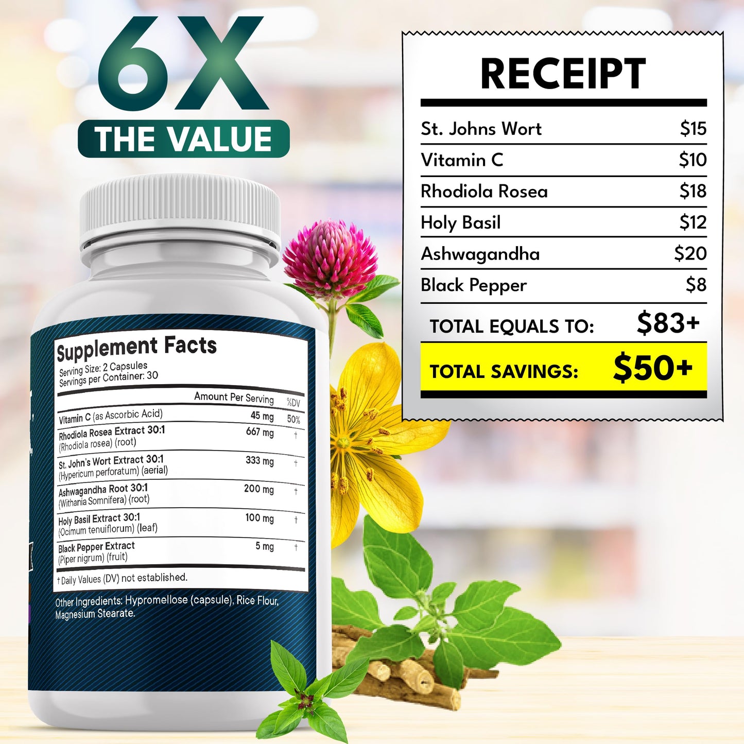 NEW AGE St Johns Wort, Rhodiola Rosea, Holy Basil, Ashwagandha 180 Capsules
