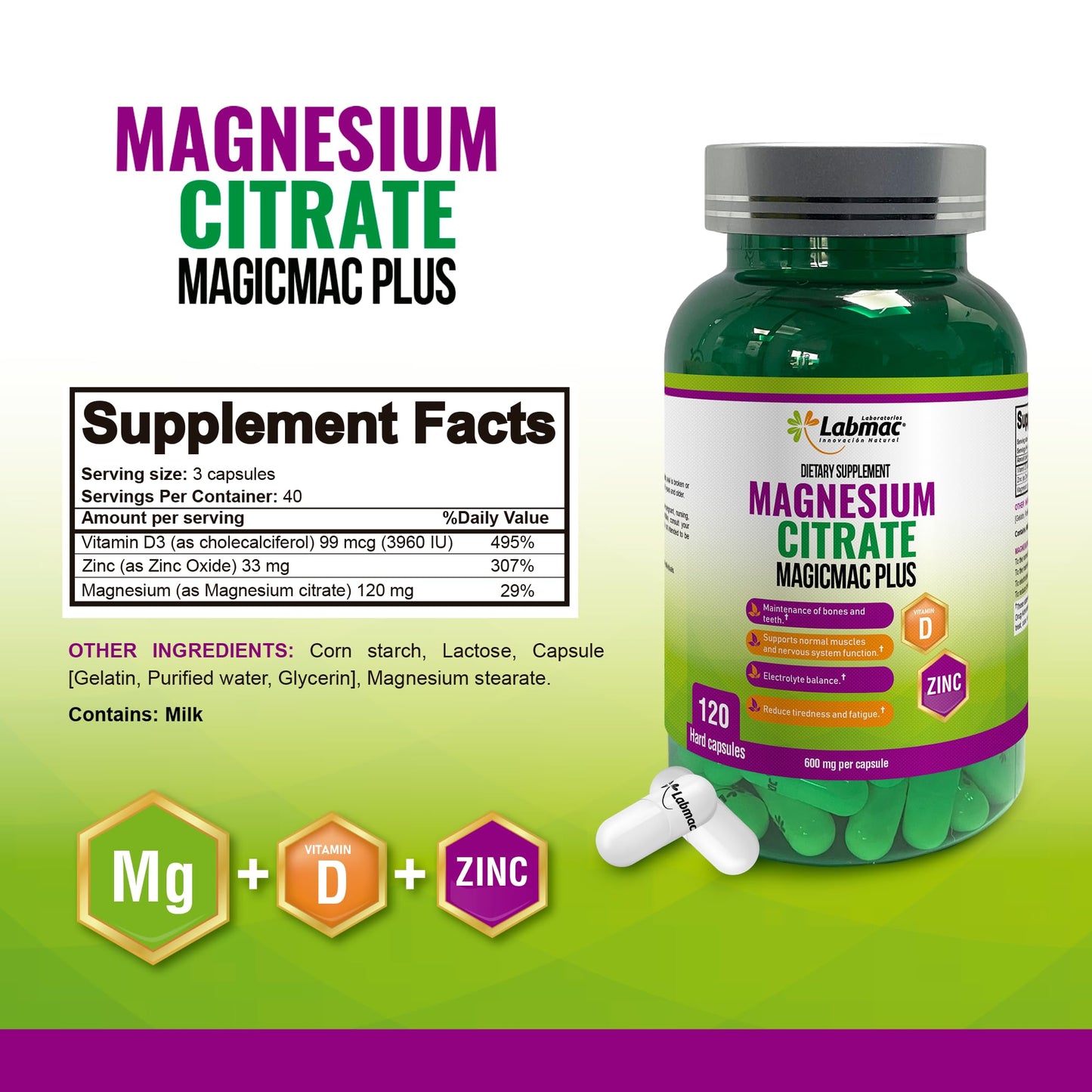 Magicmac Plus Magnesium Citrate 600mg Capsules with Vitamin D3 and Zinc, 120 Count