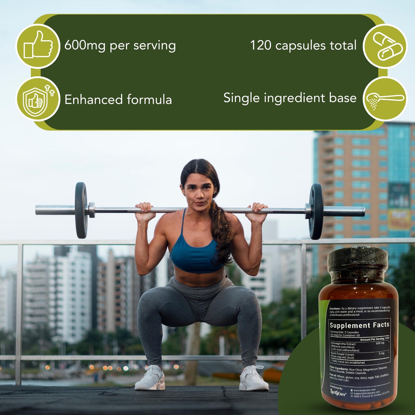 Luckycare Ashwagandha 600mg Extra Strength Root Extract with Black Pepper Capsule, 1 Count
