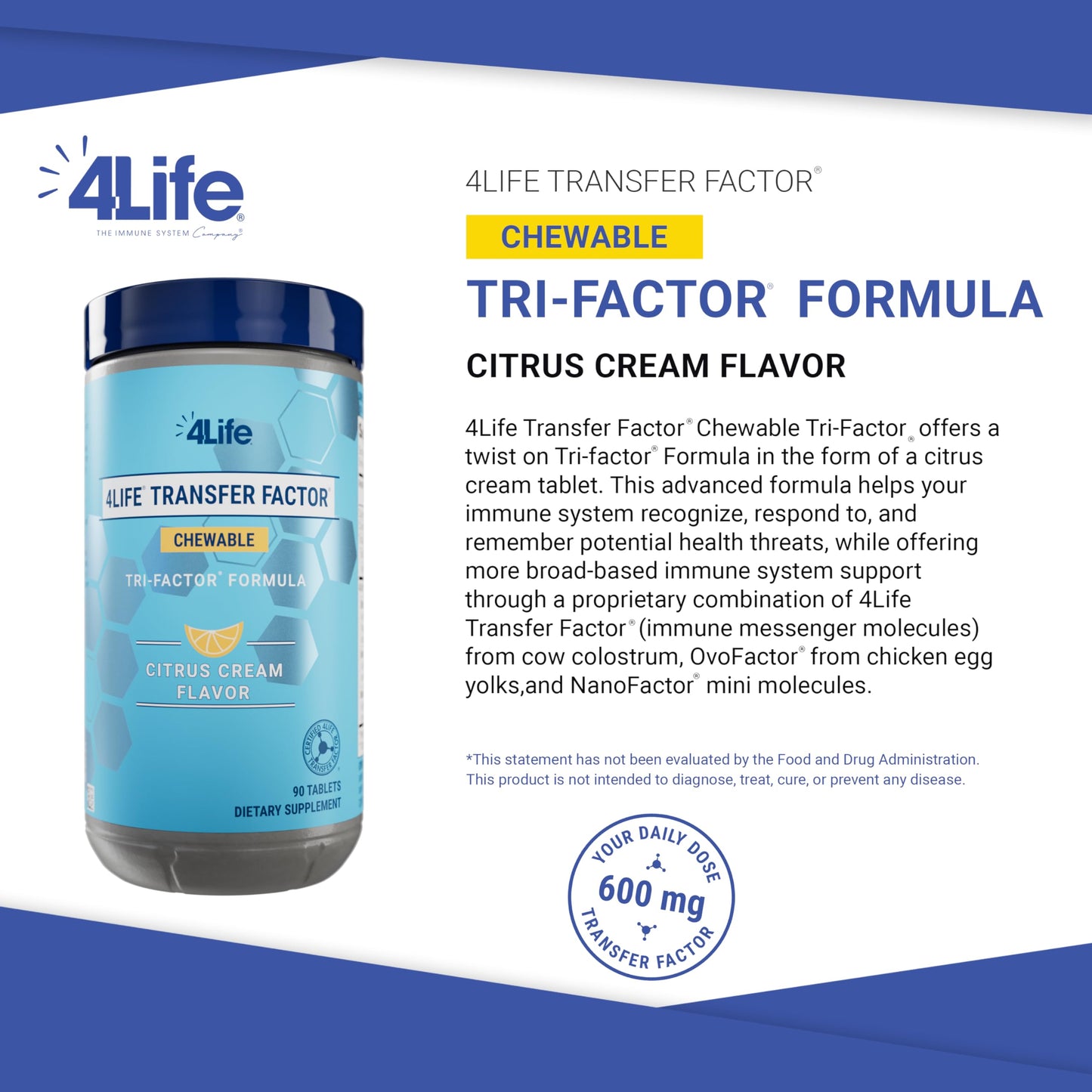 4Life Transfer Factor Chewable Tri-Factor Formula with Cow Colostrum and Chicken Egg Yolk Extracts, 90 Tablets