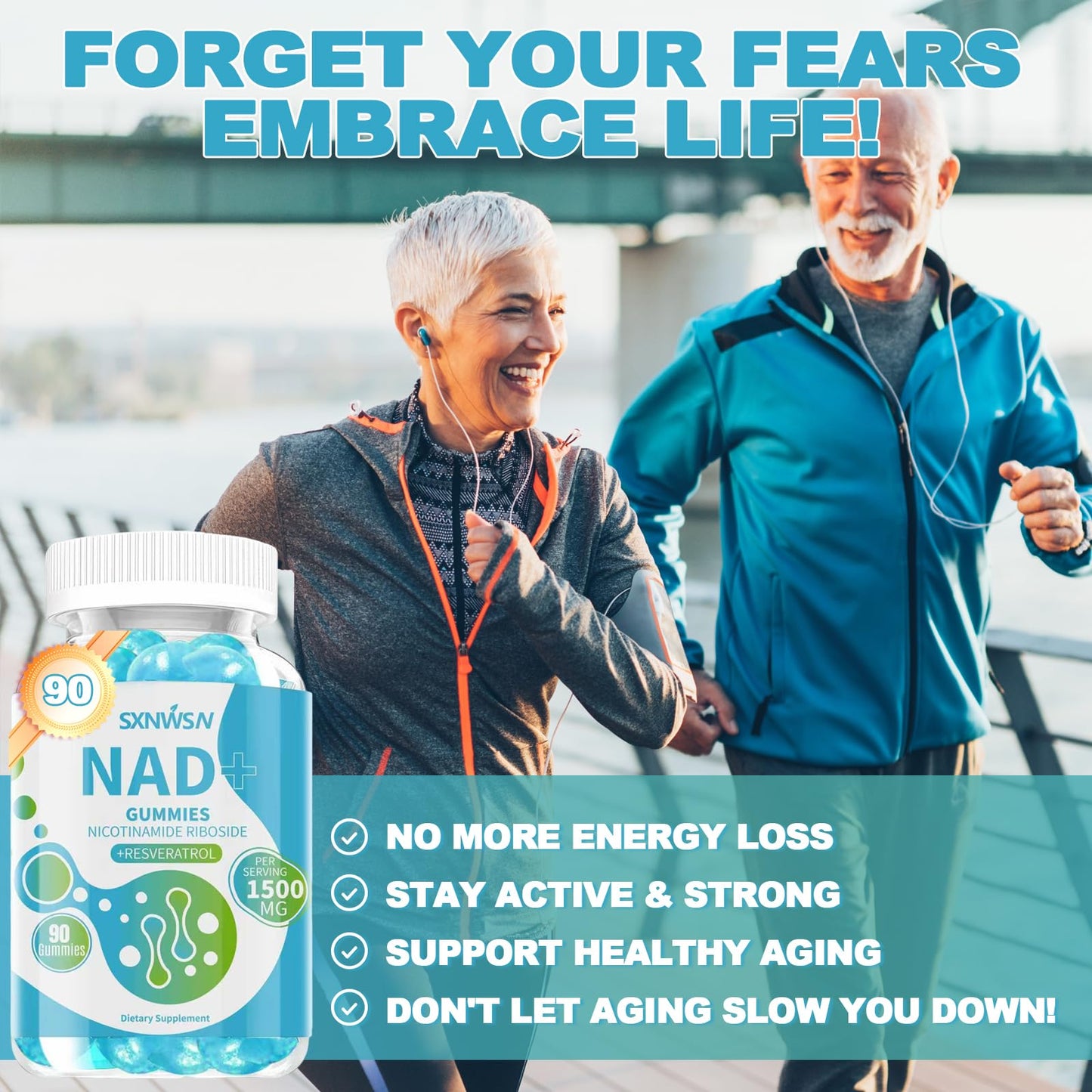 SXNWSN NAD+ Gummies with Nicotinamide Riboside, Trans-Resveratrol & Quercetin - Anti-Aging Energy Support & Cellular Health, Sugar-Free Blueberry Flavor 90 ct