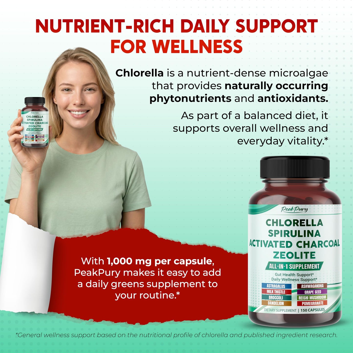 PEAKPURY Ultra All-in-1 Chlorella, Spirulina, Activated Charcoal & Zeolite – Natural Detox, Immune & Vitality Support, 150 Capsules