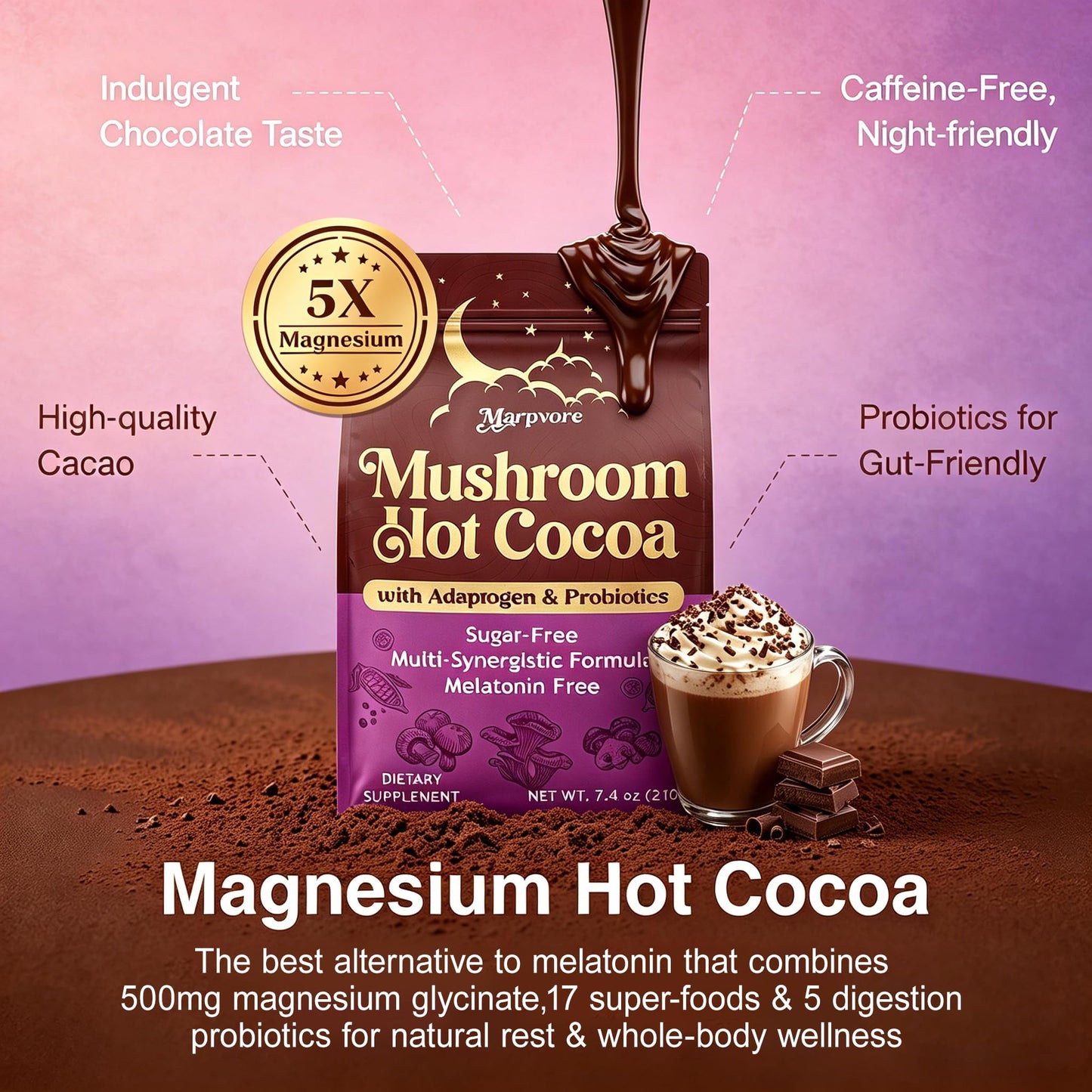 Marpvore Mushroom Hot Cocoa Powder with Magnesium Glycinate, L-Theanine, Probiotics, Ashwagandha, Reishi, Organic Cacao Powder Hot Chocolate Supplement for Sleep, Relaxation, Digestion, No Melatonin, Vegan, 7.4075 oz
