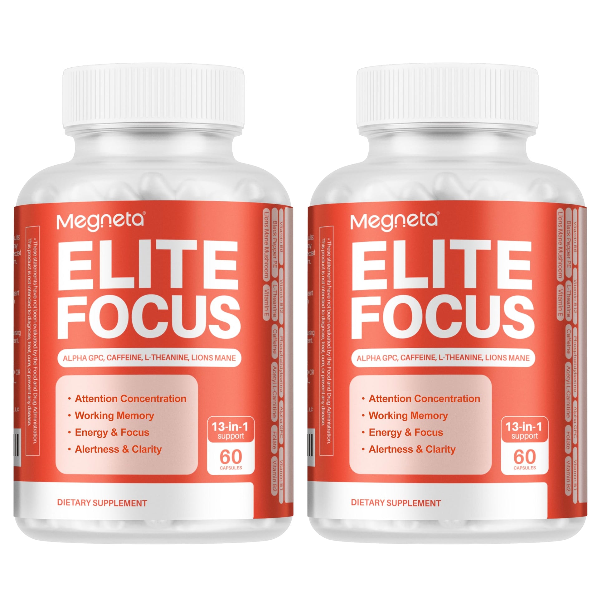 MEGNETA Elite Focus Premium Nootropic Supplement with Multi-Vitamin & L-Theanine for Cognitive Support Capsule, 120