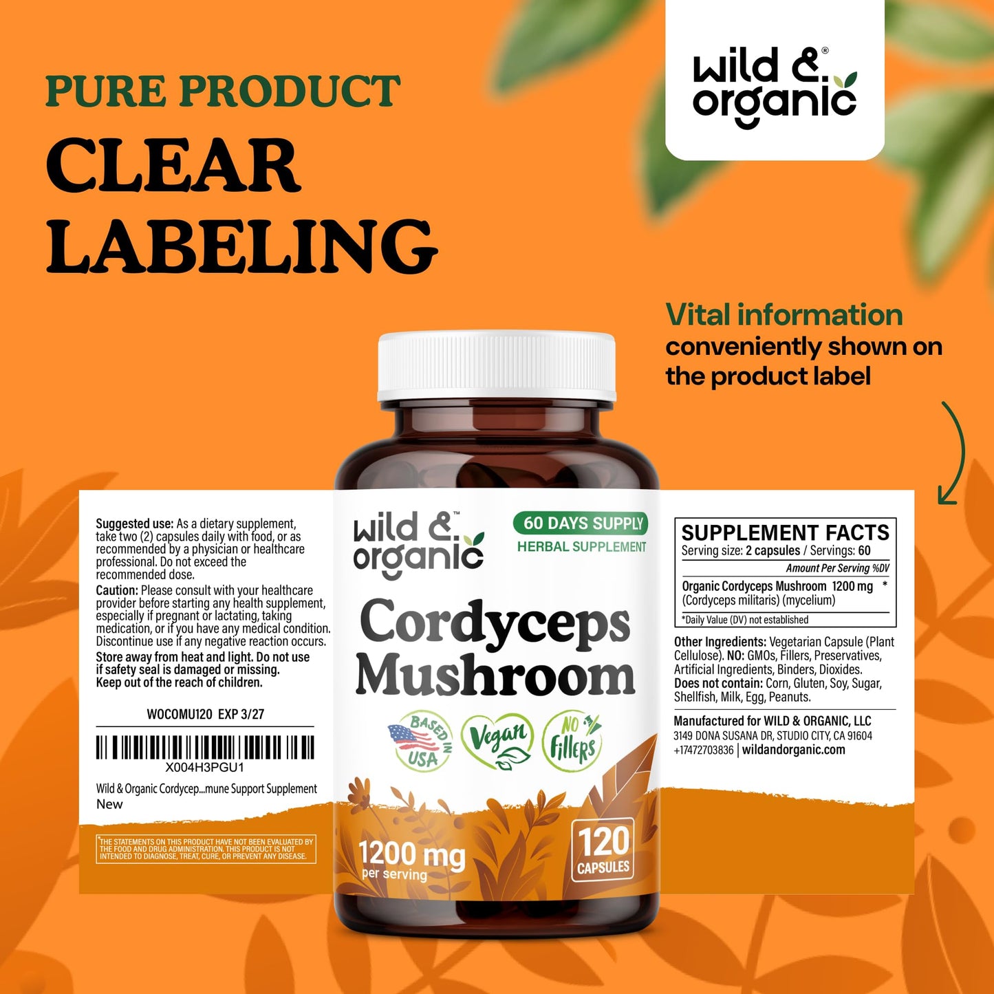 Wild & Organic Cordyceps Mushroom Capsules 1200 mg, 120 Capsules
