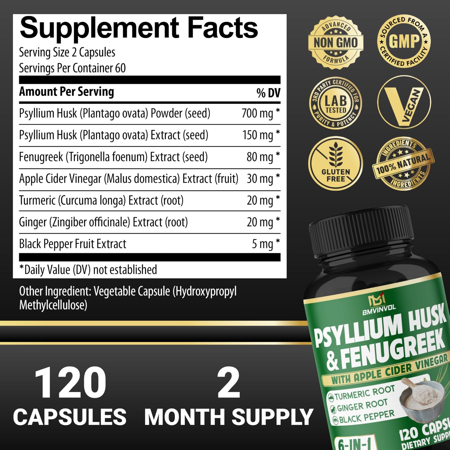 BMVINVOL Psyllium Husk Fiber Supplement Capsule 120 Count