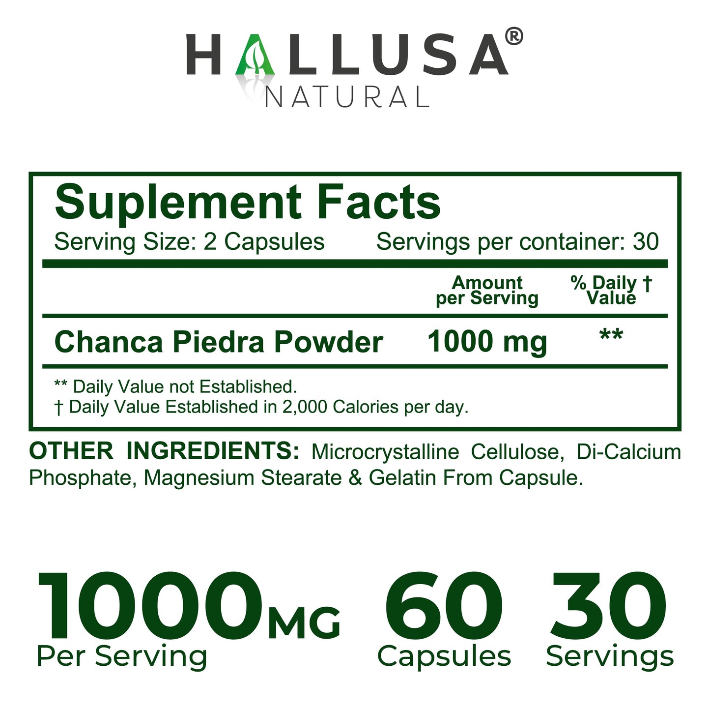 Hallusa Natural Hallchancapiedra 1000 mg Chanca Piedra Supplement, 60 Capsules