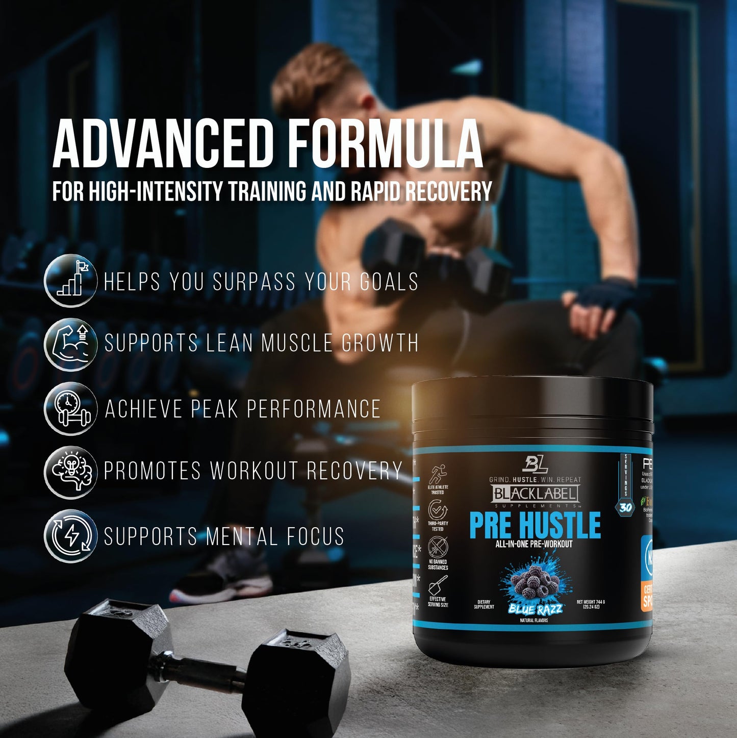 BLACKLABEL Supplements PRE Hustle V3 NSF Certified for Sport Pre-Workout (Blue Razz) Powder 26.24