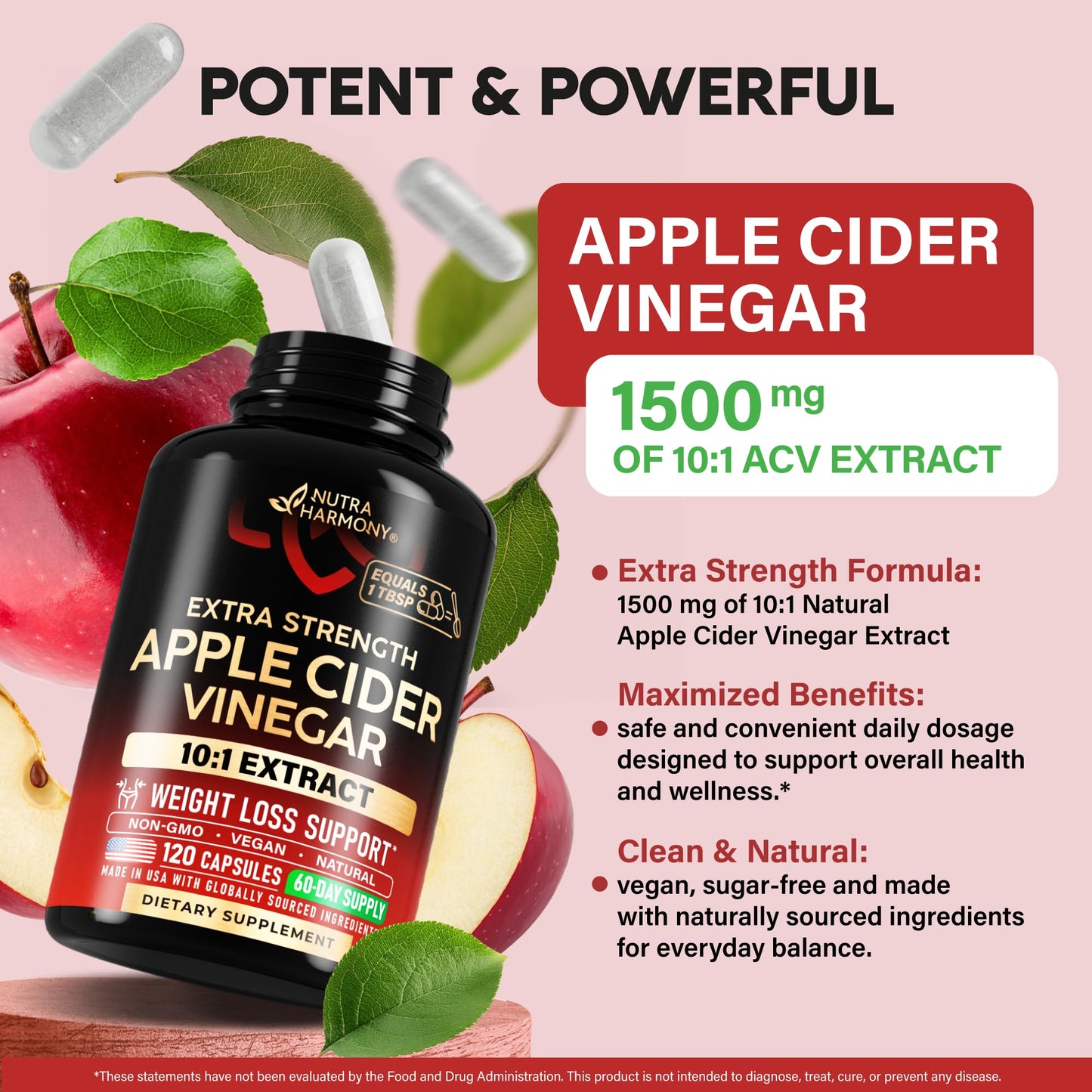 NutraHarmony Pure Apple Cider Vinegar Capsules, 120 Count