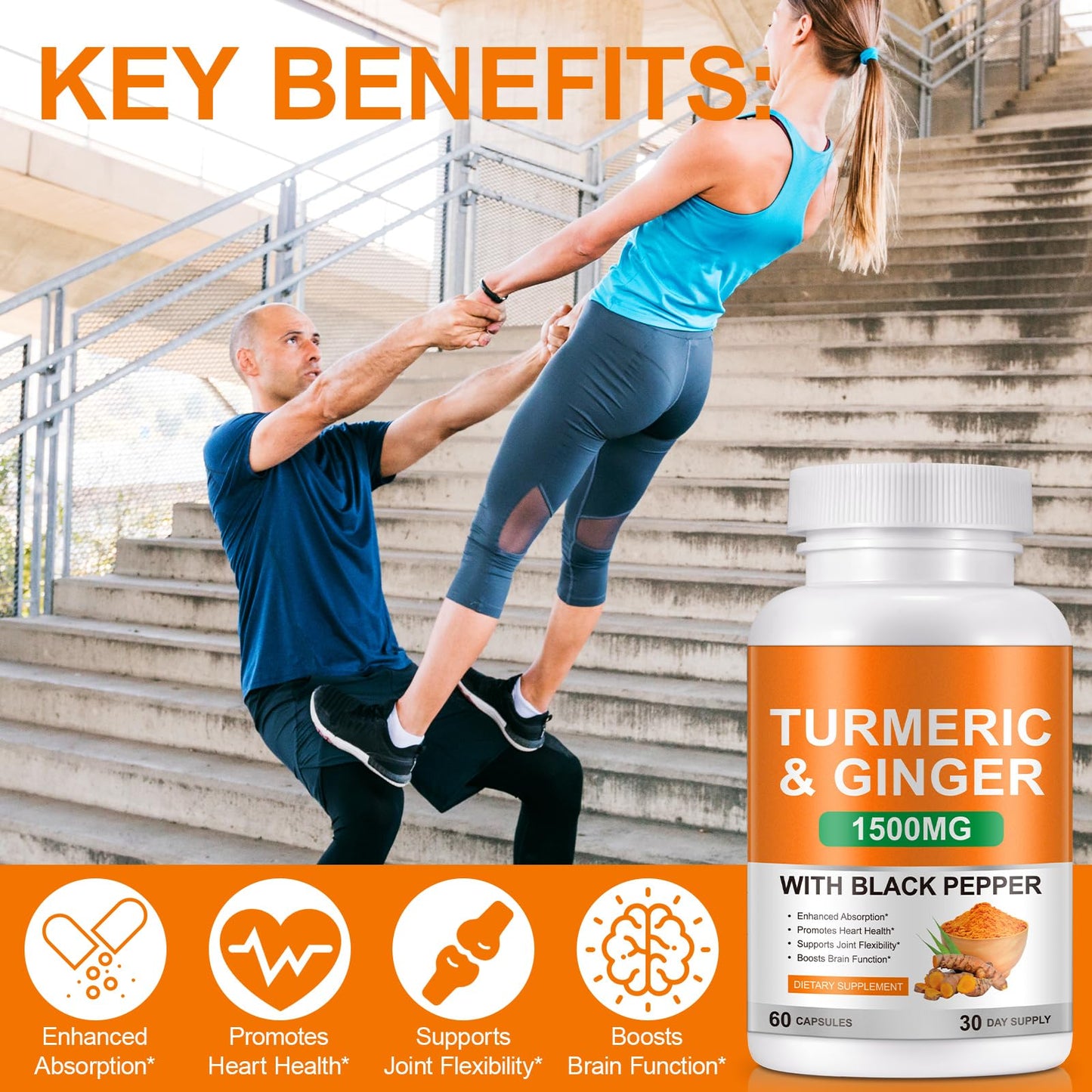 Vceeoy Turmeric and Ginger Supplement 1500mg Turmeric Complex with Black Pepper Extract & 95% Curcuminoids Capsule 1 Count