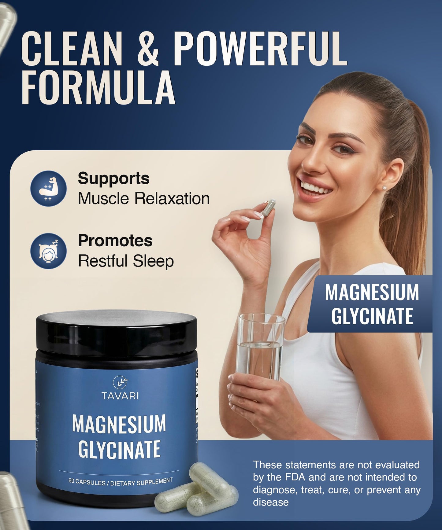 TAVARI Magnesium Glycinate for Muscle Relaxation, Mood Support and Clarity Capsules, 60 Capsules