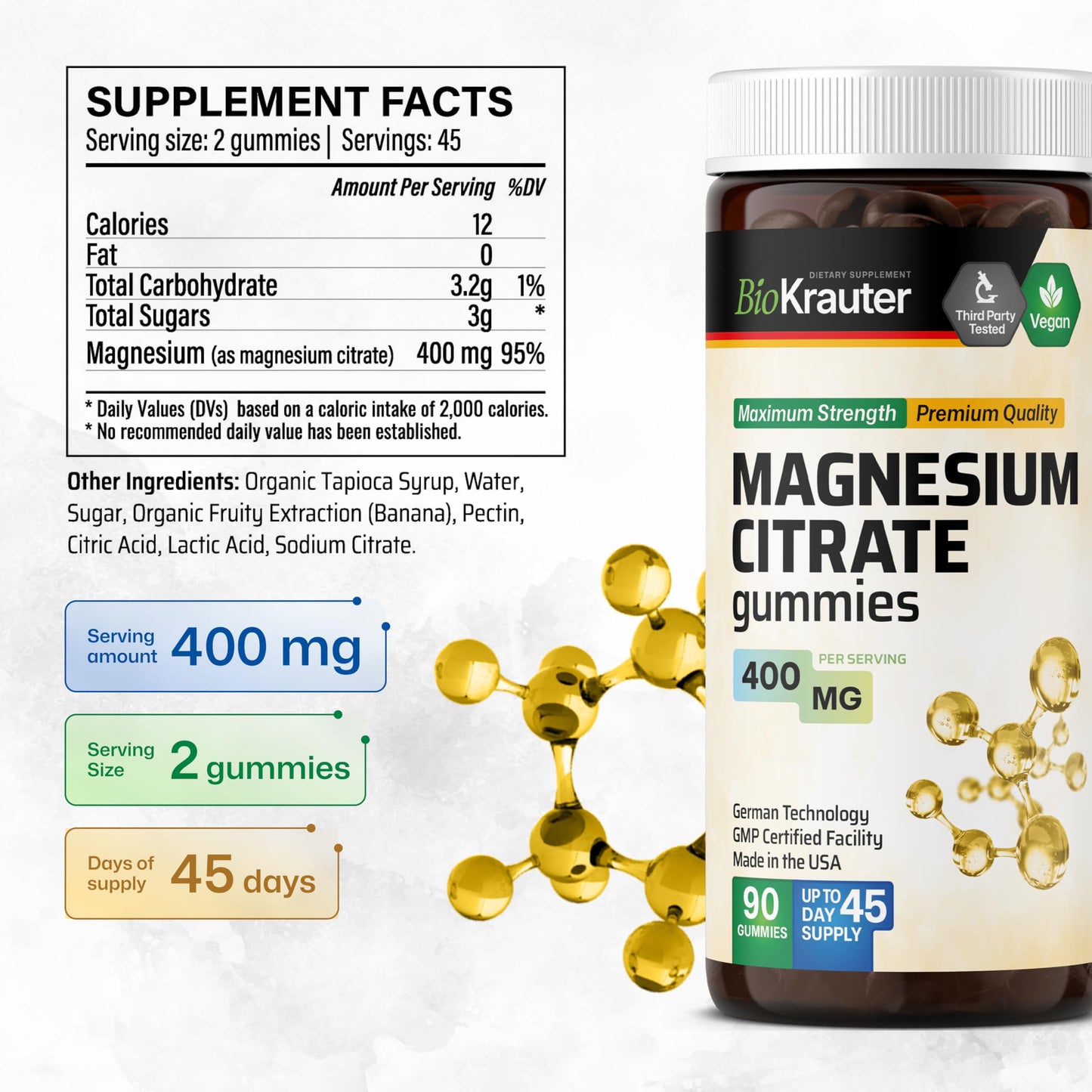 BIO KRAUTER Magnesium Citrate Gummies 400 mg, 90 Gummies