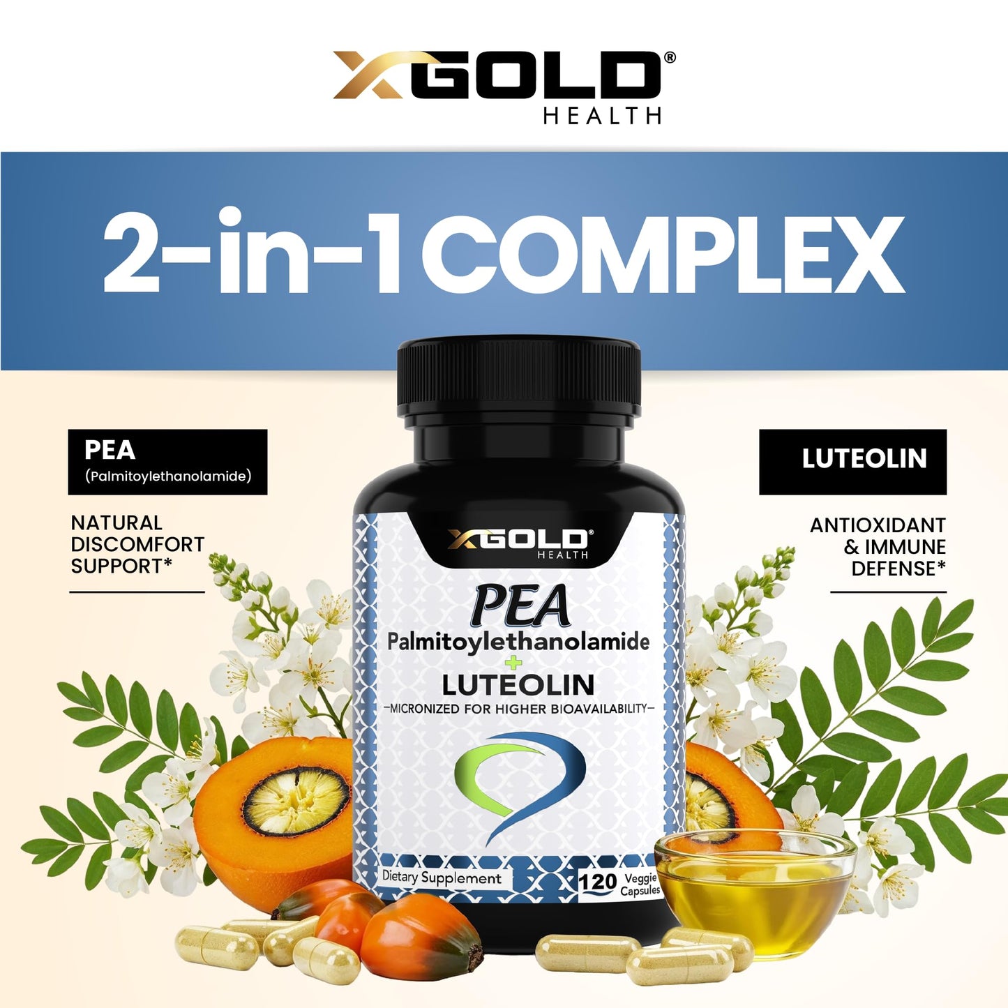 X Gold Health Palmitoylethanolamide (Pea) 630 mg + Luteolin Capsule, 120 Count