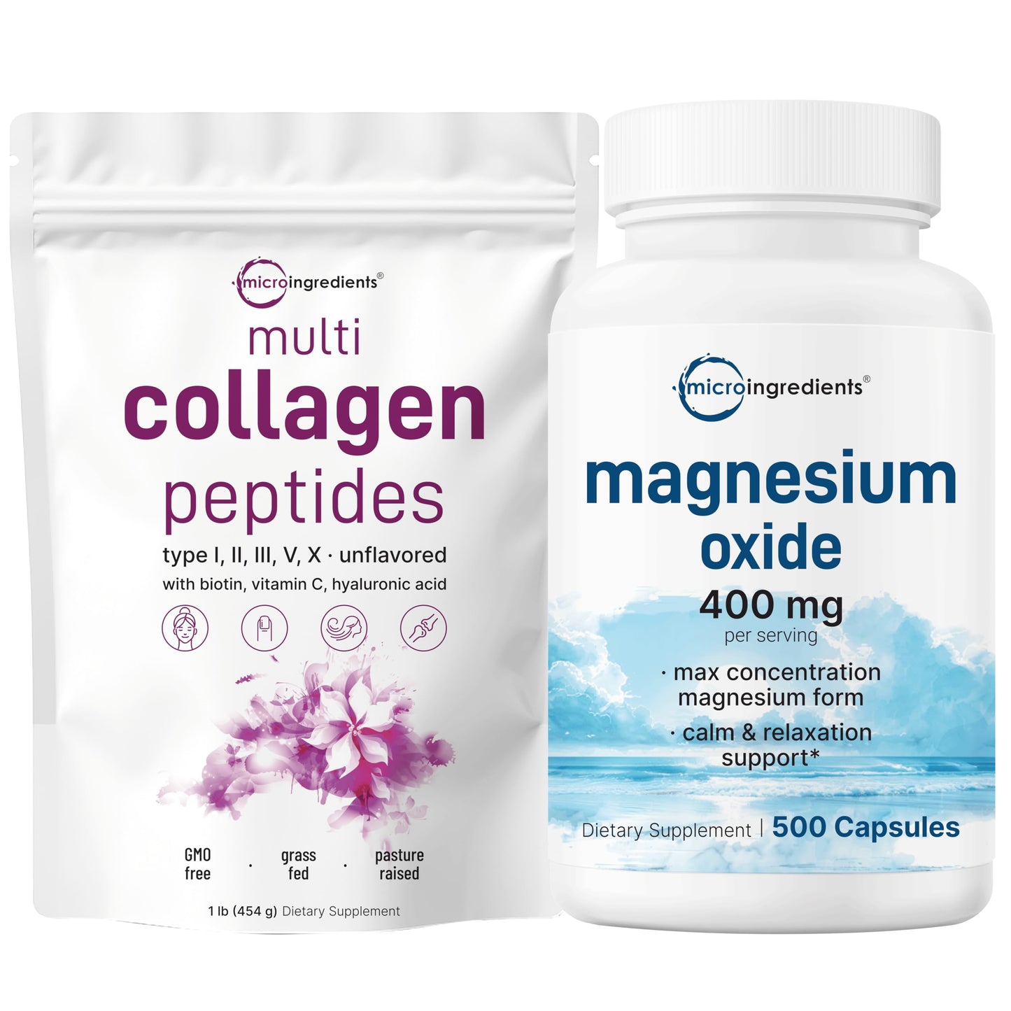 Micro Ingredients Multi Collagen Protein Powder 16 oz Bundle with Magnesium Oxide 400 mg