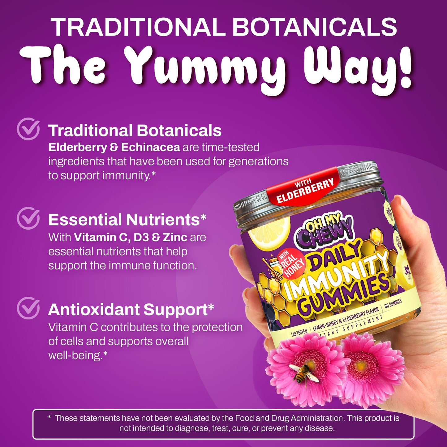 OH MY CHEWY Elderberry Gummies Immunity Support for Kids & Teens Gummy 60 Count