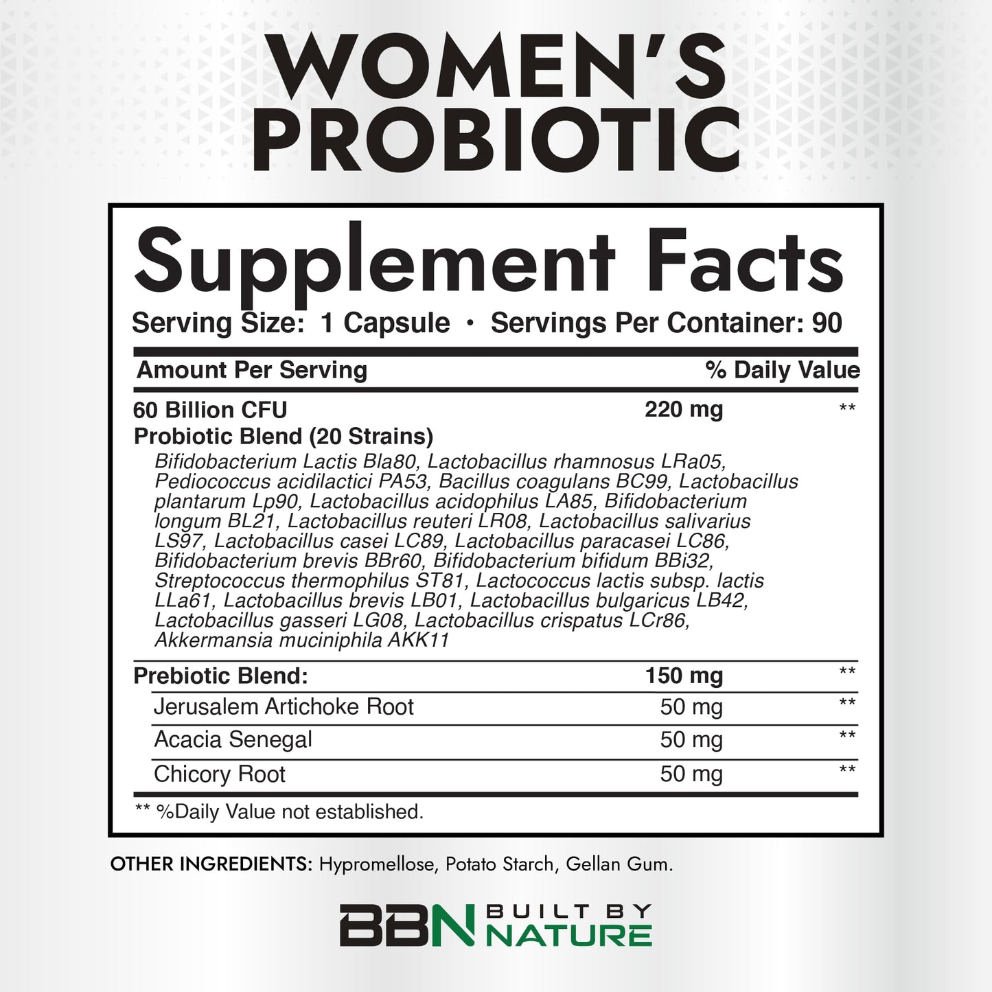 Built by Nature Probiotic for Women 60 Billion CFU 20 Strains + Prebiotics, Vaginal & Digestive Support, Delayed Release Capsules, Shelf Stable, 90 Capsules