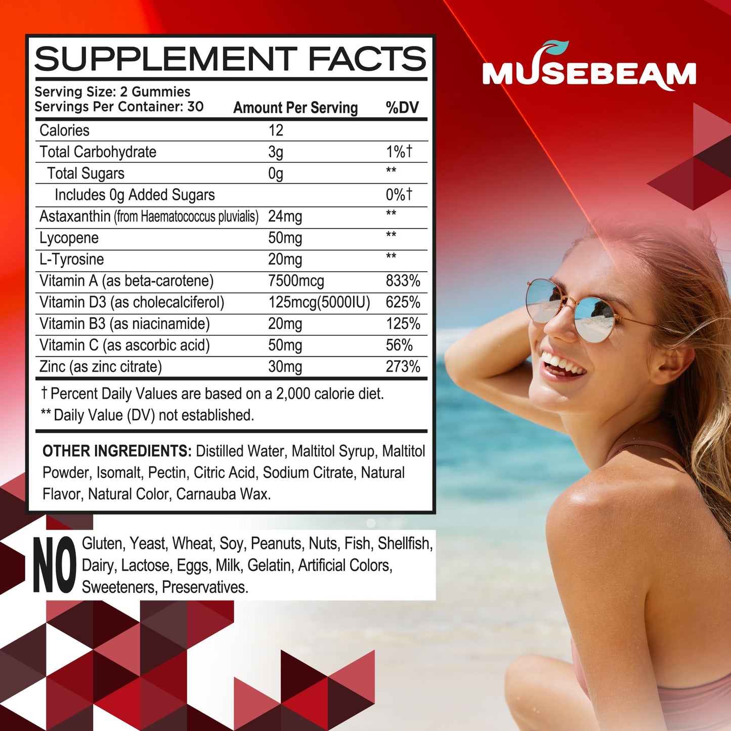 Musebeam Tanning Gummies for Women - Self-Tan Chews, Sunless Tan Skin Health Glow Up, Sugar Free, Vegan, Beta Carotene, Astaxanthin & Lycopene, 60 Gummies