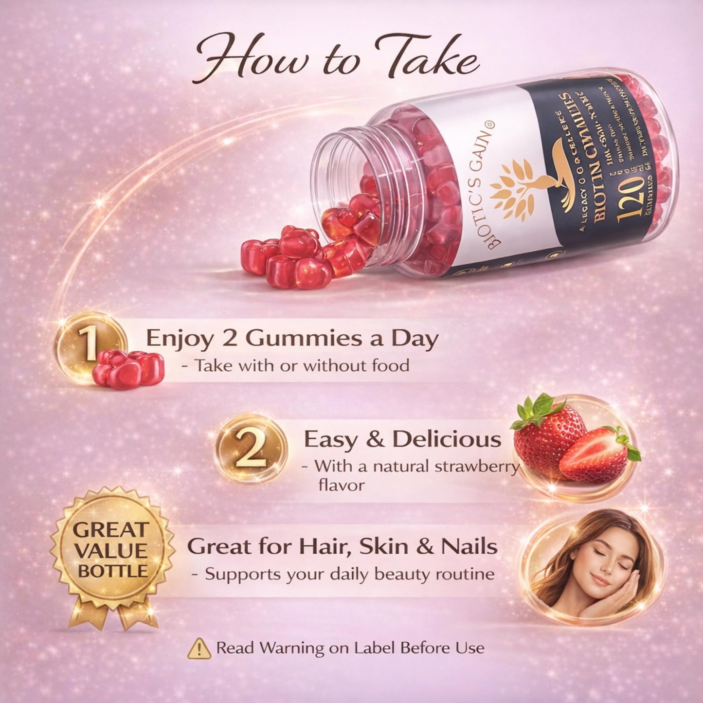 Biotic's Gain Biotin Gummies 10000 mcg, Hair Skin and Nail Support, Vegan, Sugar Free, 120 Count