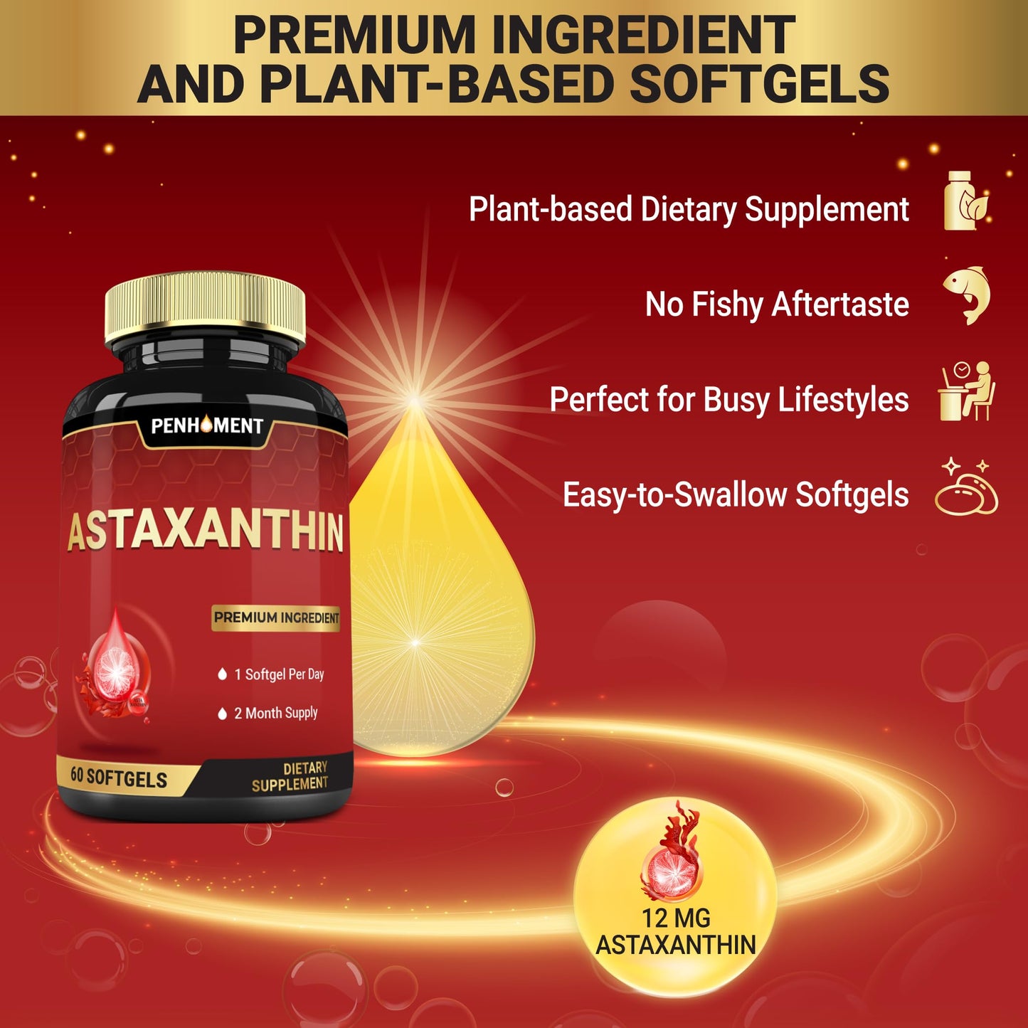 Penhoment Astaxanthin Supplements 12mg Softgel 60 Count
