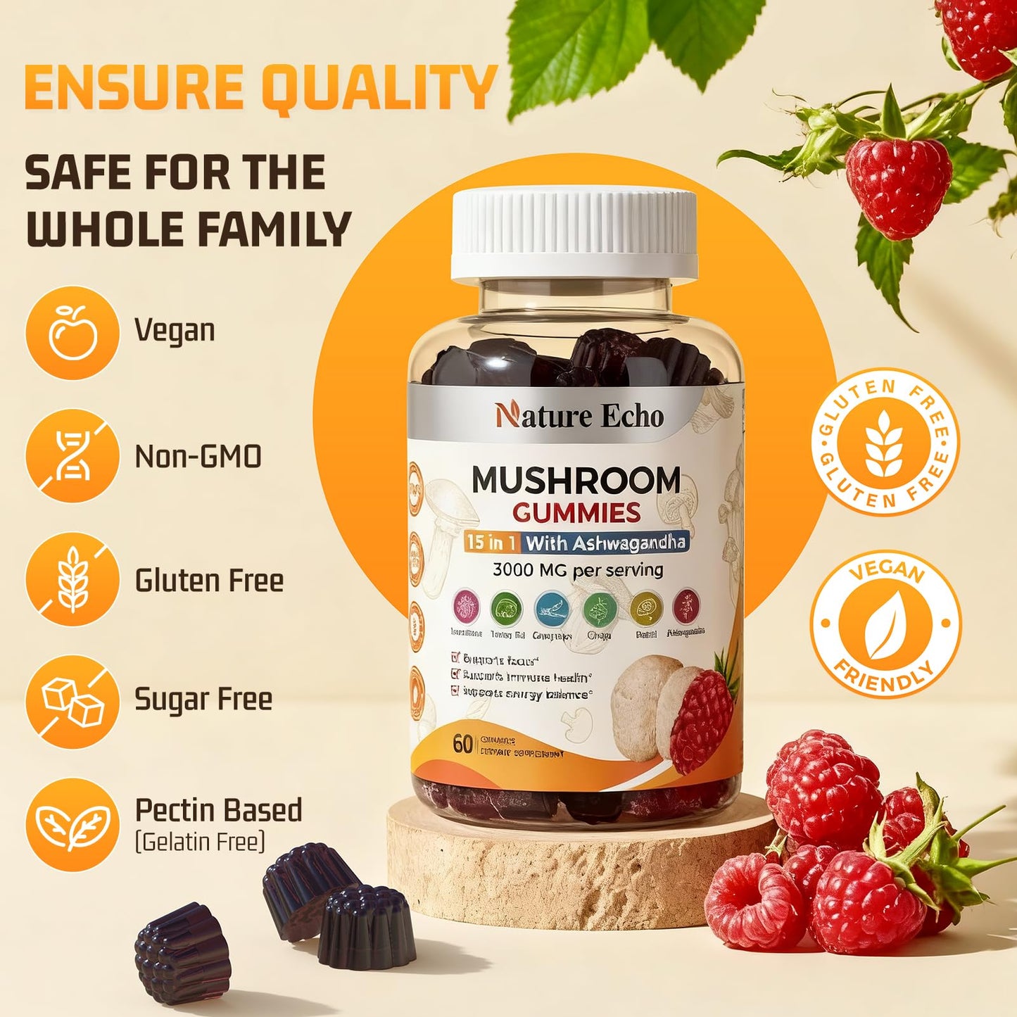 Nature Echo 15 in 1 Mushroom Complex & Ashwagandha Gummies 60 Count
