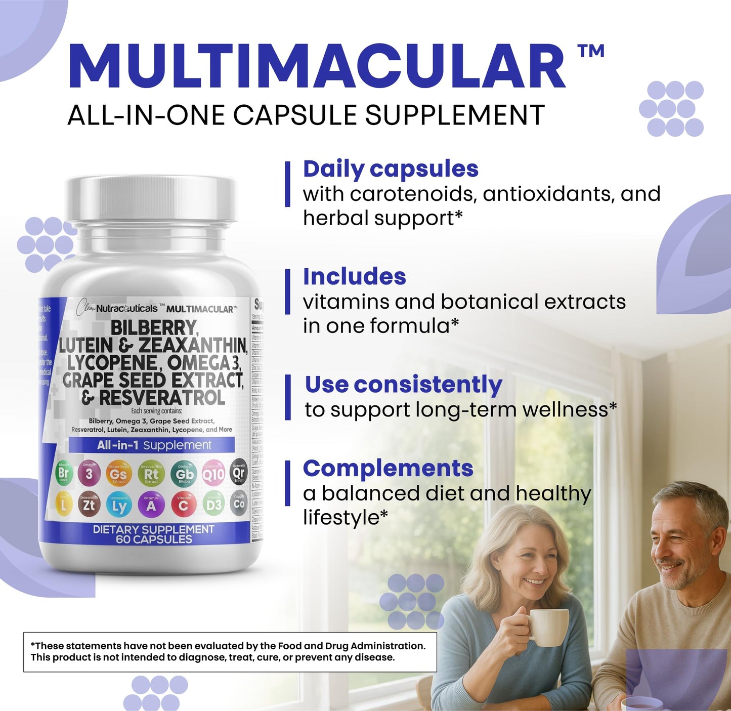 Clean Nutraceuticals Eye Vitamins with Bilberry, Lutein & Zeaxanthin, Lycopene 40mg, Resveratrol, Grape Seed, Astaxanthin - Eye Care Health Support, 60 Capsules