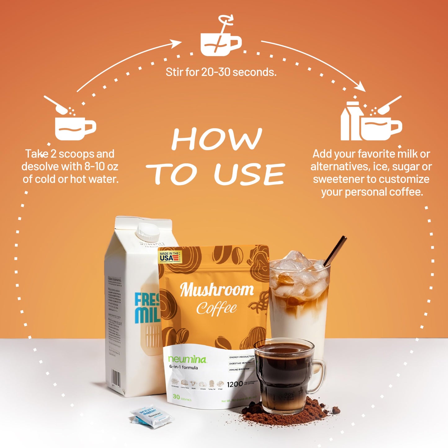 NEUMINA 6-in-1 Mushroom Coffee Powder, Energy Coffee with 6 Adaptogenic Mushrooms (Cordyceps, Lion's Mane, Reishi, Chaga, Shiitake, Turkey Tail Total 1200mg), Almost 30 Servings, 180g