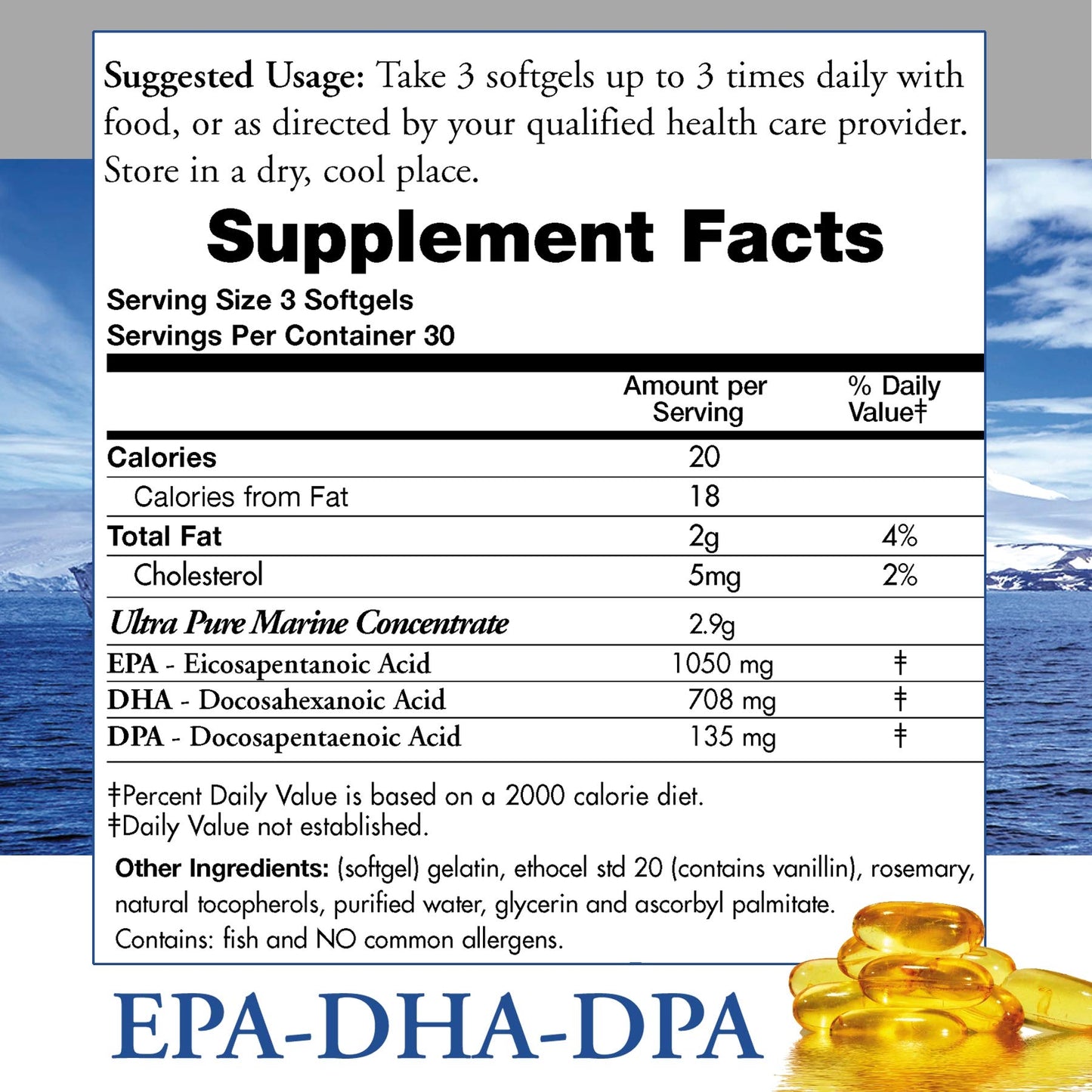 ecostream Naturals Omega-3 Natural Wild-Caught Fish Oil DPA Supplement 2,900 mg EPA-DPA-DHA Softgel 90 Count