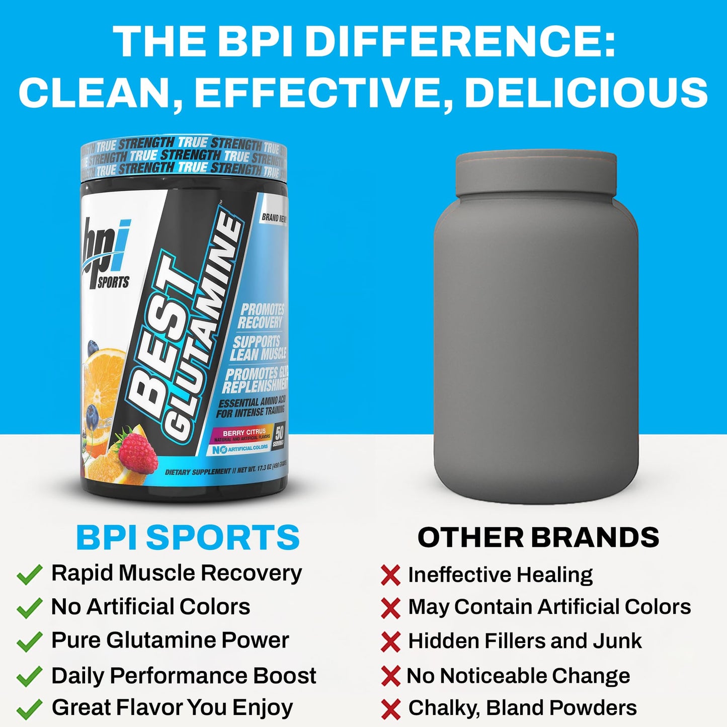 BPI Sports Best Glutamine Supplement, L-Glutamine Powder for Gut Health, Muscle Recovery and Immune Support – 6 Advanced Glutamine Types + Vitamin C – Berry Citrus Flavor, 17.3