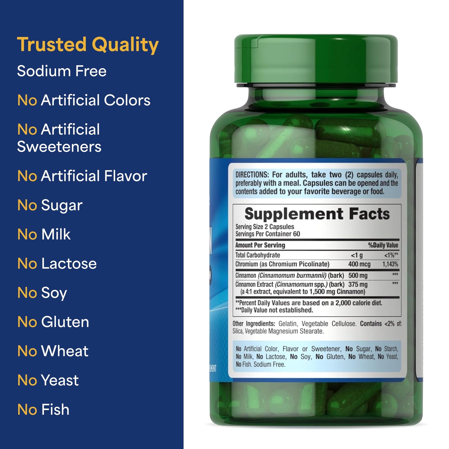 Puritan's Pride Cinnamon 875 mg with High Potency Chromium, 120 Capsules