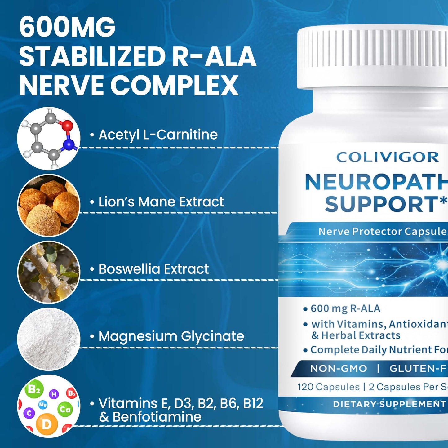 Colivigor R-Alpha Lipoic Acid 600mg Neuropathy Supplements Capsules 120