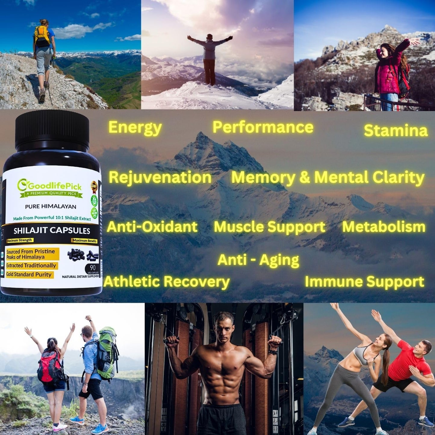 GoodlifePick Pure Himalayan Shilajit Capsules, Maximum Strength Natural Shilajit Rich in Trace Mineral & Fulvic Acid, High Altitude Sourcing, Vegan NonGMO, 90 Count