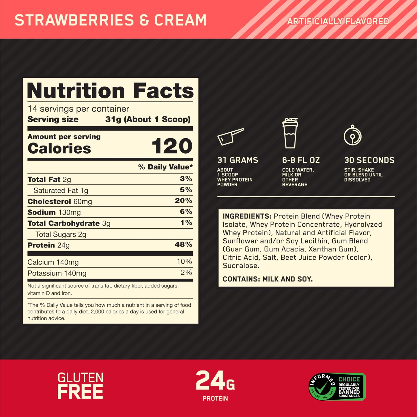 Optimum Nutrition Gold Standard 100% Whey Protein Powder, Strawberries and Cream, 16 Servings, 1 Pound