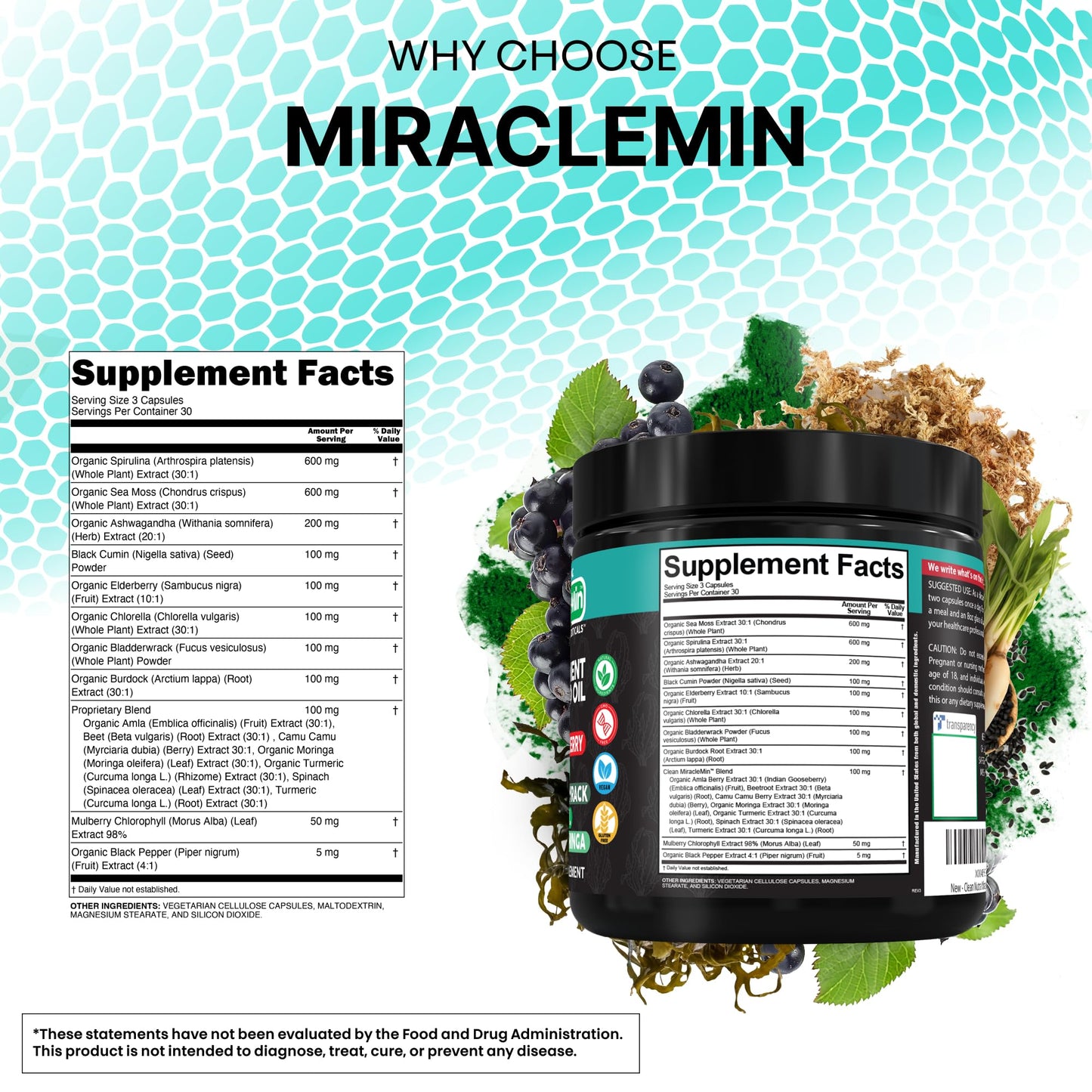 Clean Nutraceuticals Organic Sea Moss Capsules with Ashwagandha, Black Seed Oil, Burdock Root, Bladderwrack, Moringa, Chlorella, Spirulina, Turmeric, Elderberry, Amla, 90 Capsules