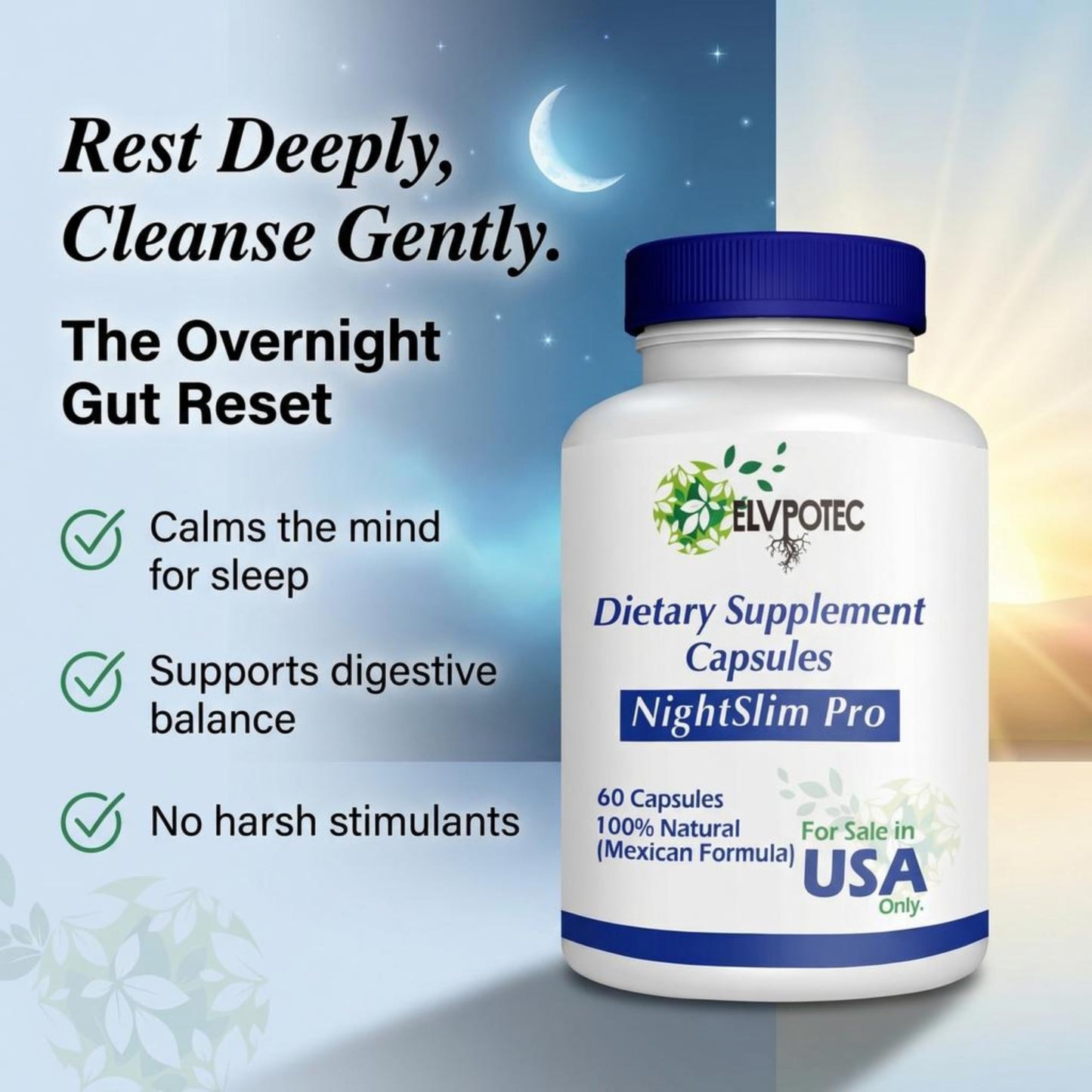 ELVPOTEC Night Time Gut Cleanse & Digestive Support Capsule, 60 Capsules