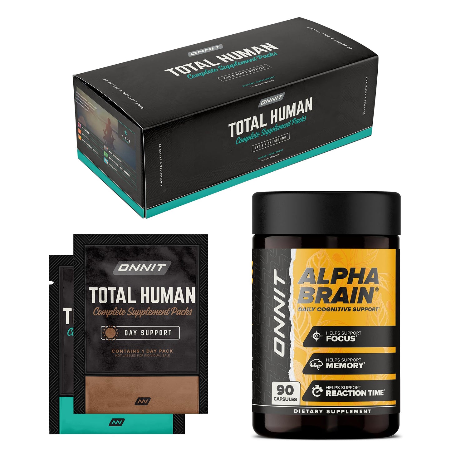 ONNIT Daily Performance & Wellness Bundle: Alpha Brain Nootropic Capsules & Total Human Day & Night Packs, 150 Capsules
