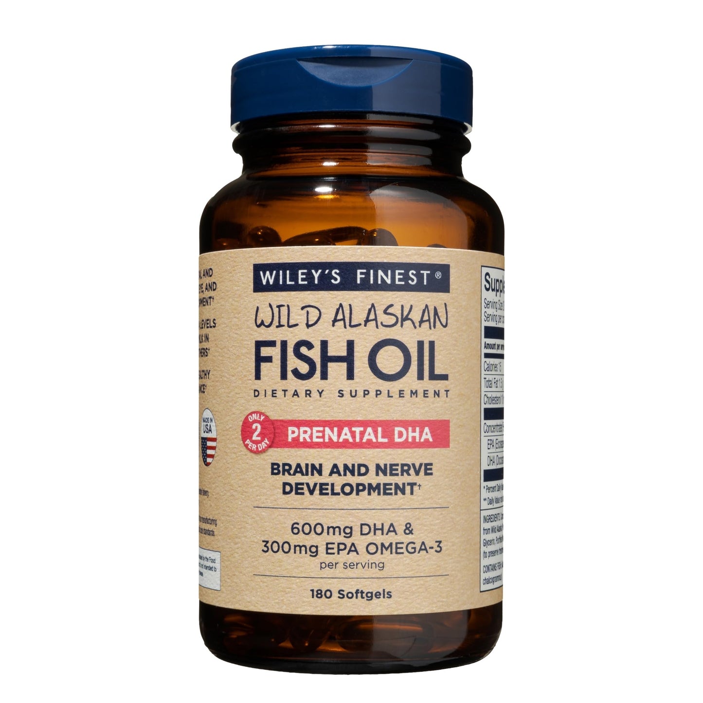 Wiley's Finest Wild Alaskan Fish Oil Prenatal DHA - 900mg EPA and DHA Omega-3s for Pregnant Women and Nursing Mothers Softgels - 180 Count