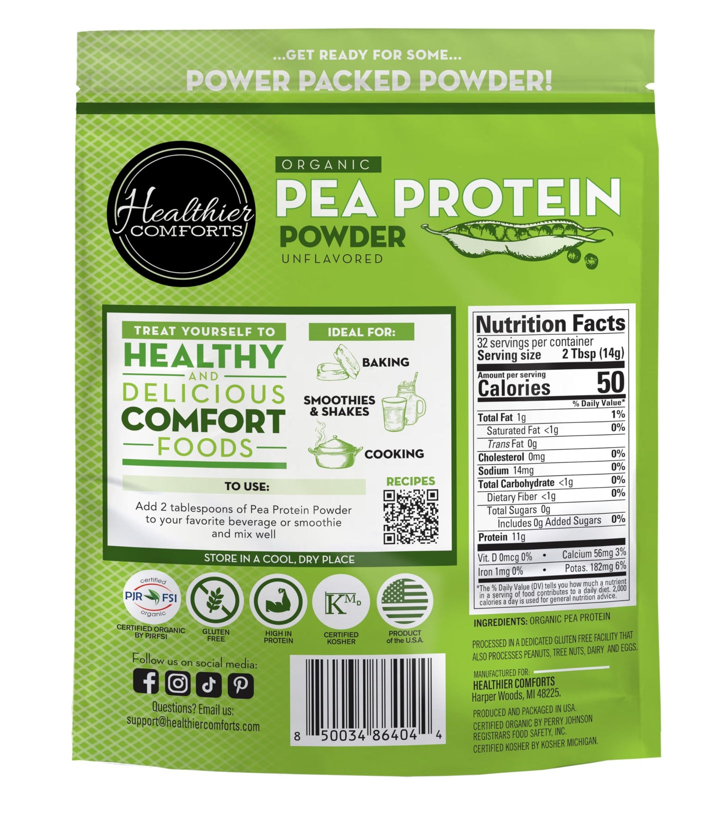 Healthier Comforts Organic Unflavored Pea Protein Powder 16 oz