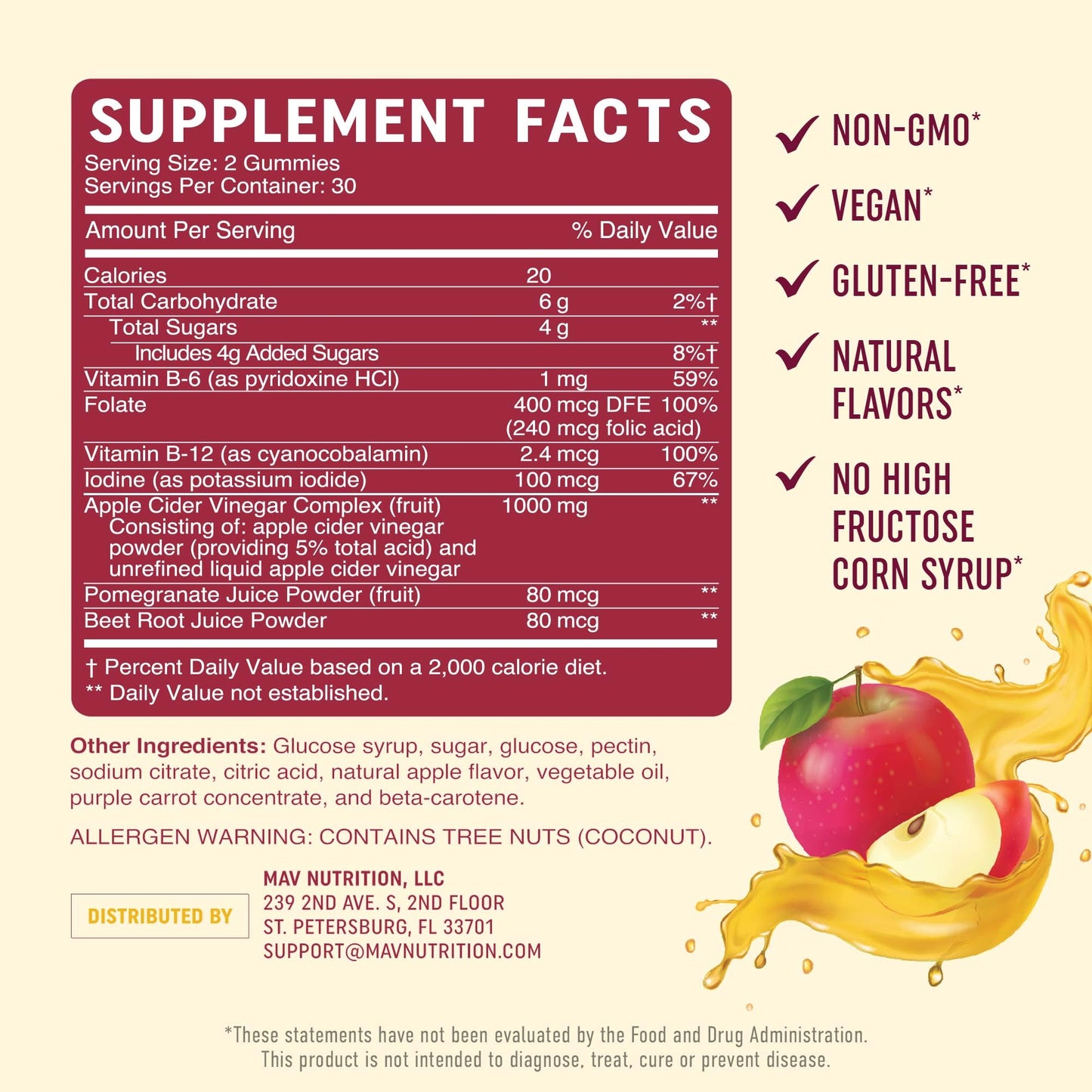 MAV NUTRITION Organic Apple Cider Vinegar Gummies, 60 Count