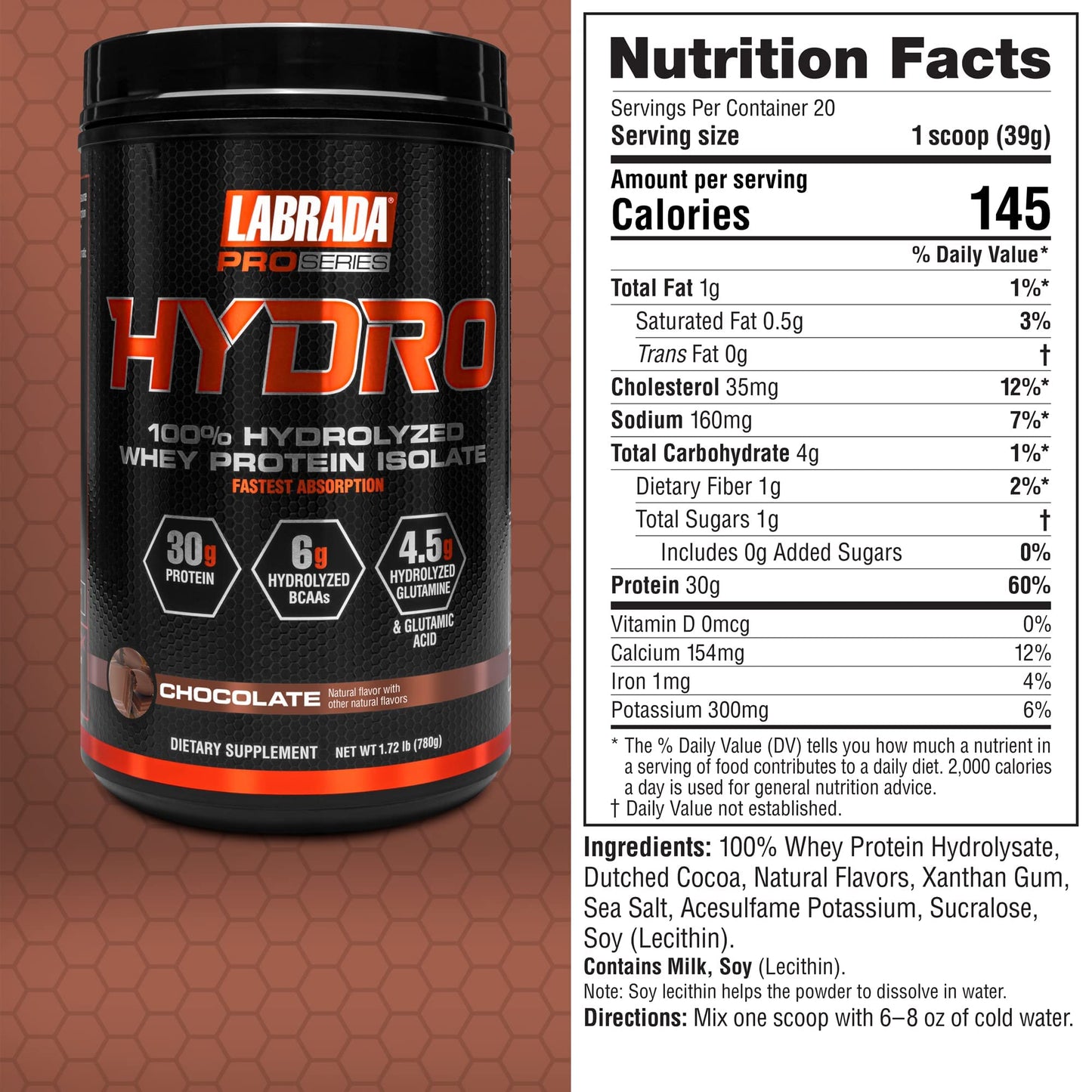Labrada Hydro 100% Pure Hydrolyzed Whey Protein Isolate Powder, 20 Servings, Chocolate