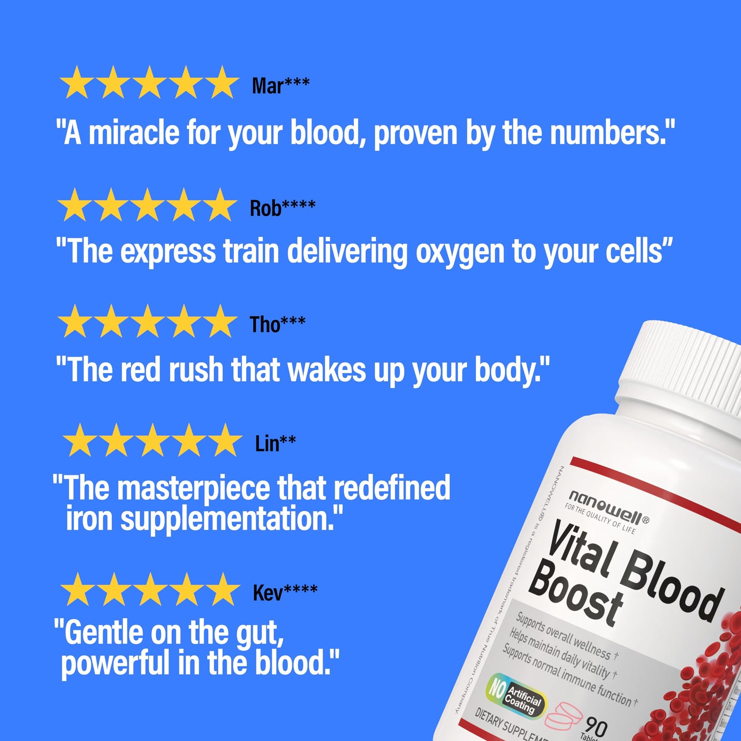 NANOWELL Vital Blood Boost – Dietary Supplement with Iron, Selenium, Zinc, Vitamin B12 & Folic Acid 90 Tablets